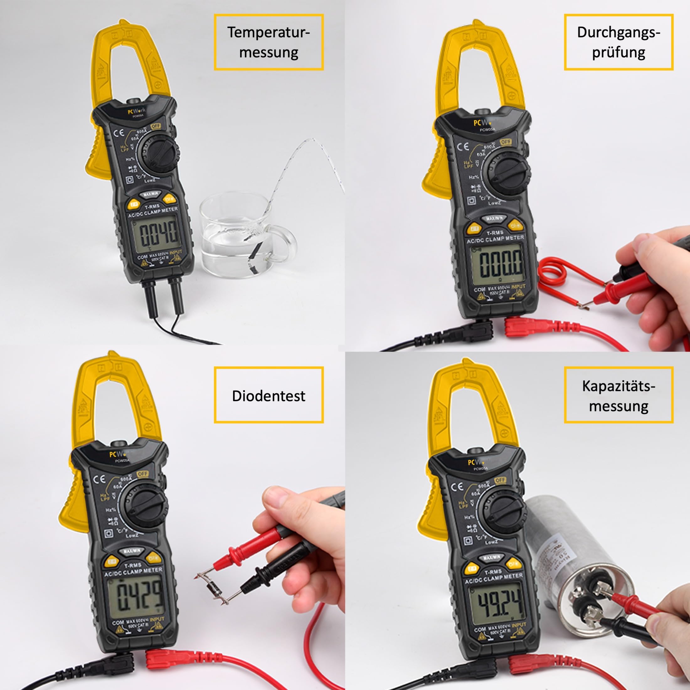 Pince ampèremétrique professionnelle AC DC PCW05A, TRUE RMS multimètre 600 A, multimètre numérique AUTO RANGE, écran LCD bicolore 6000 points, ampèremètre, testeur de continuité