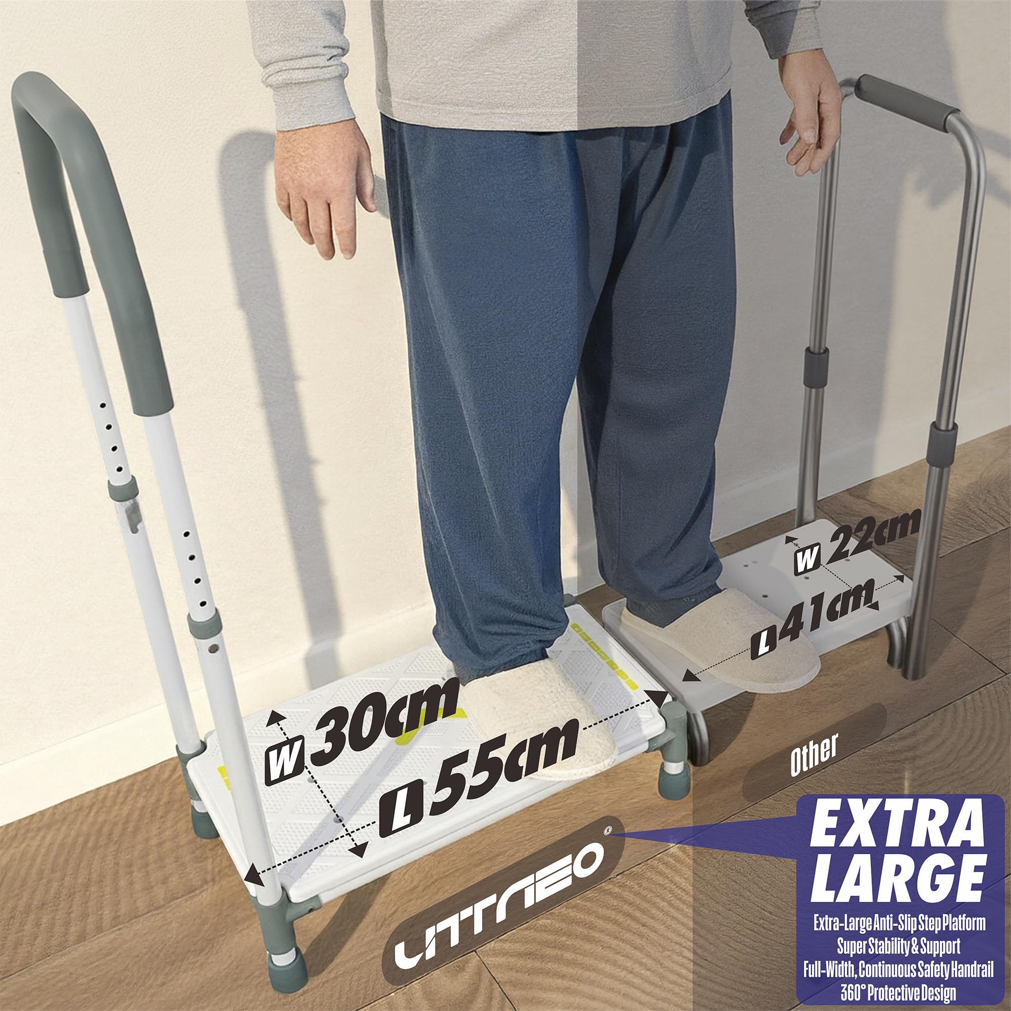 Marchepied avec marche de 55 cm – Accoudoirs réglables en hauteur, charge maximale 225 kg, bandes luminescentes et antidérapantes – Idéal pour lits hauts, camping-car, cuisine, salle de bain