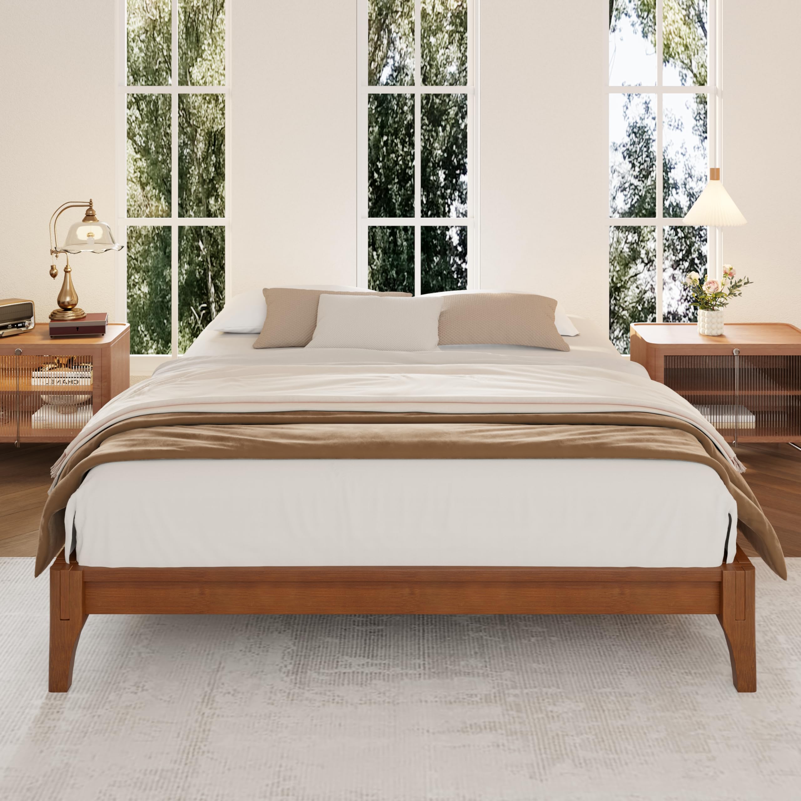 Harper & Bright Designs Queen Bamboo Platform Bed Frame, Wooden Bed Frame Without Headboard, Wood Slat Support, No Box Spring Needed, Easy Assembly,Brown