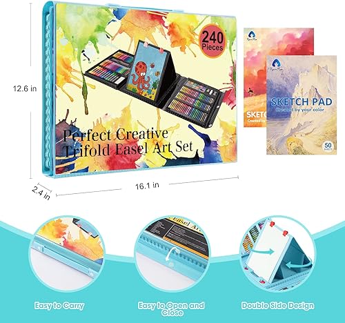Miniatura 7 de VigorFun Suministros de arte, kit de arte de dibujo de 240 piezas, estuche de arte de regalo con caballete triple de doble cara, incluye blocs de