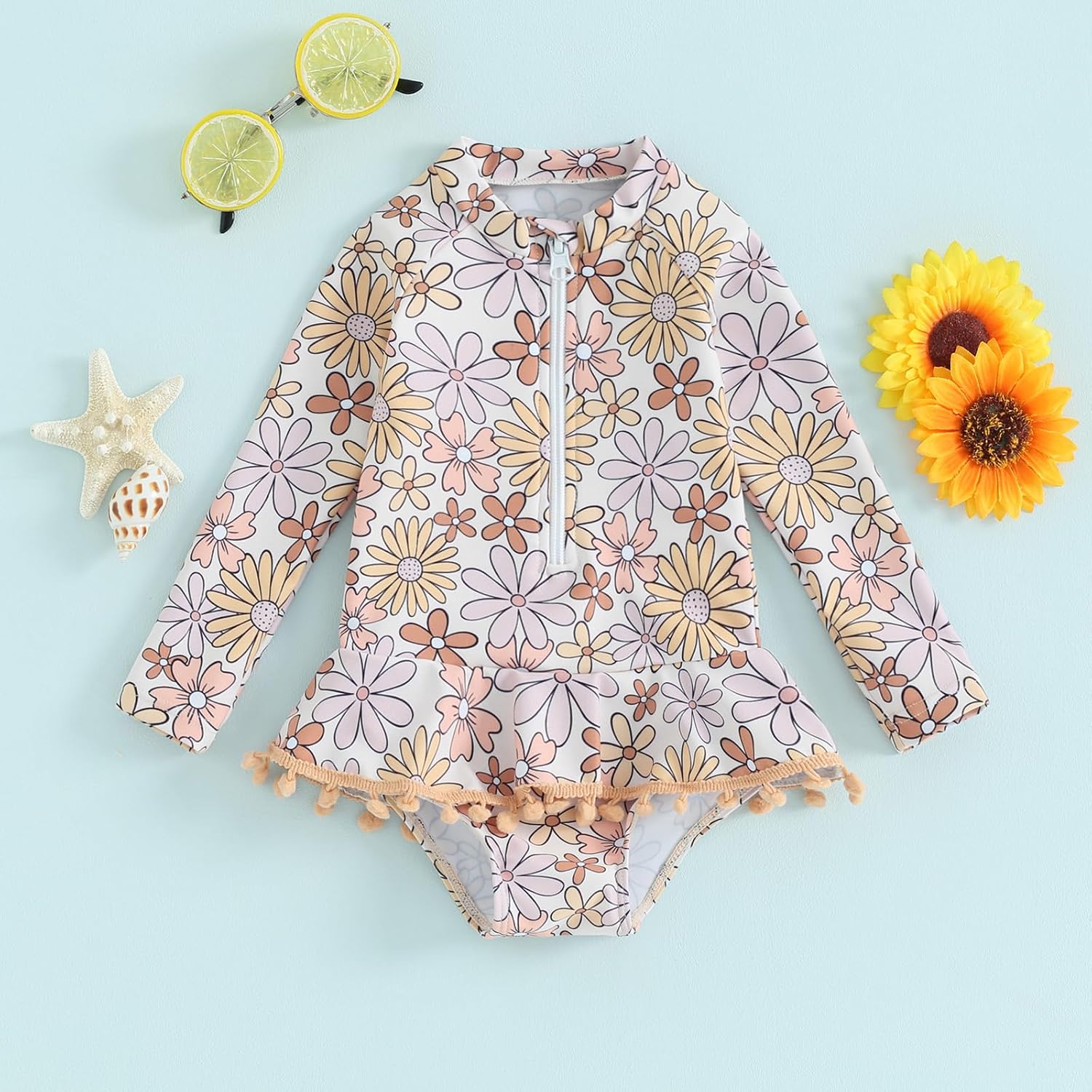 Yccutest Toddler Floral Bathing Suit Girls Long Sleeve Zipper Ruffle Tassel One Piece Swimsuit Kids Rash Guard Swimwear Beach