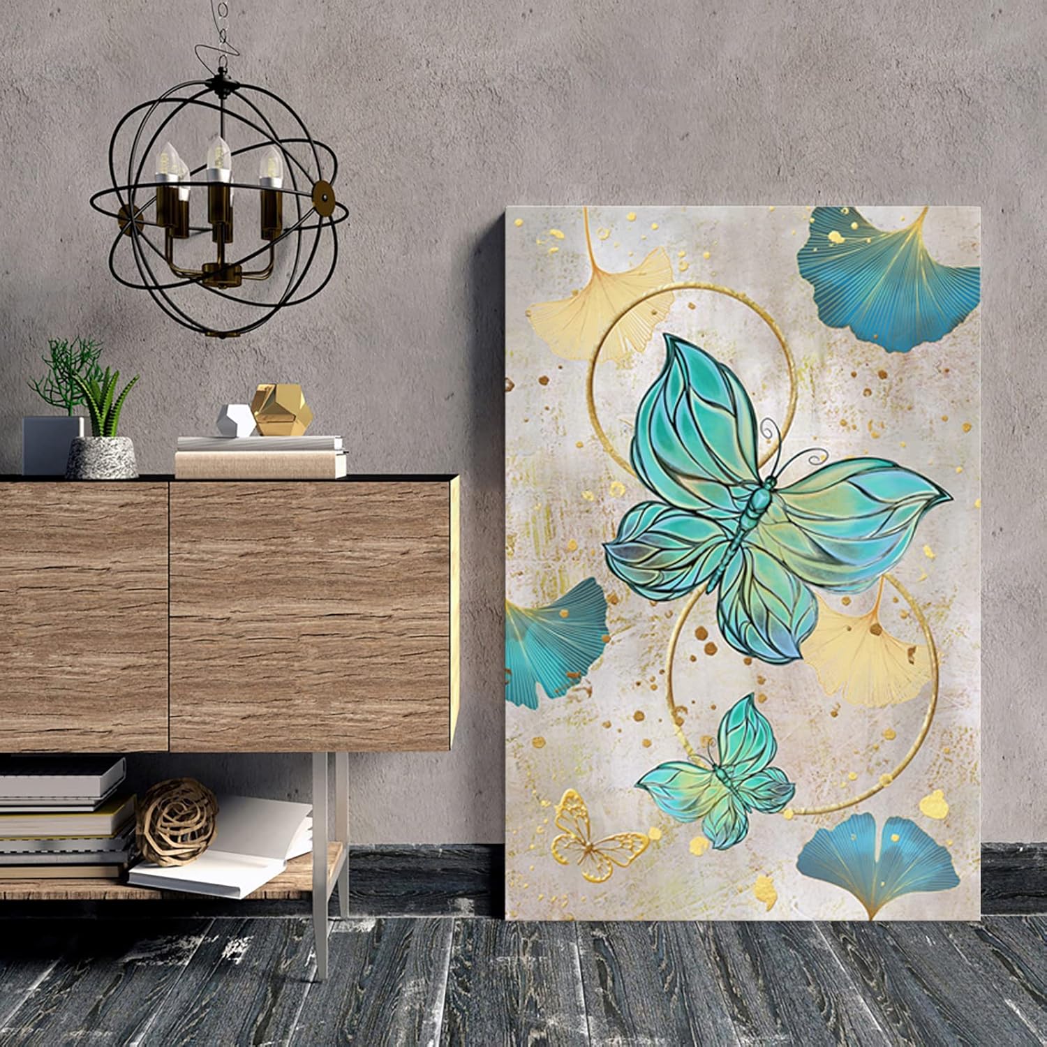 OuElegent Teal Butterfly Canvas Wall Art Turquoise and Gold Painting Picture Insect Print Artwork for Home Living Room Bedroom Kitchen Wall Decor Ready to Hang 24x36 Inch