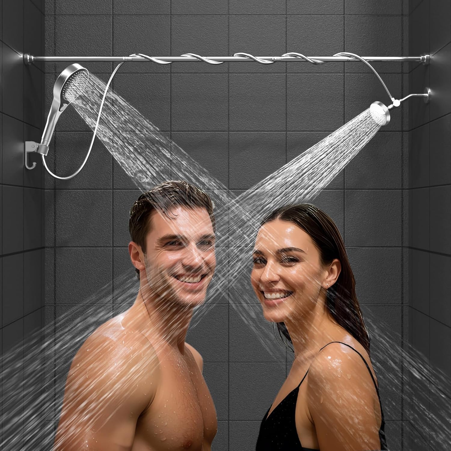 Dual Shower Head with Handheld for Couples: High Pressure Double Shower Heads for Two People - Adjustable Two Showerhead System with 3 Flow Settings Fits 2 Person Bathroom (Chrome)