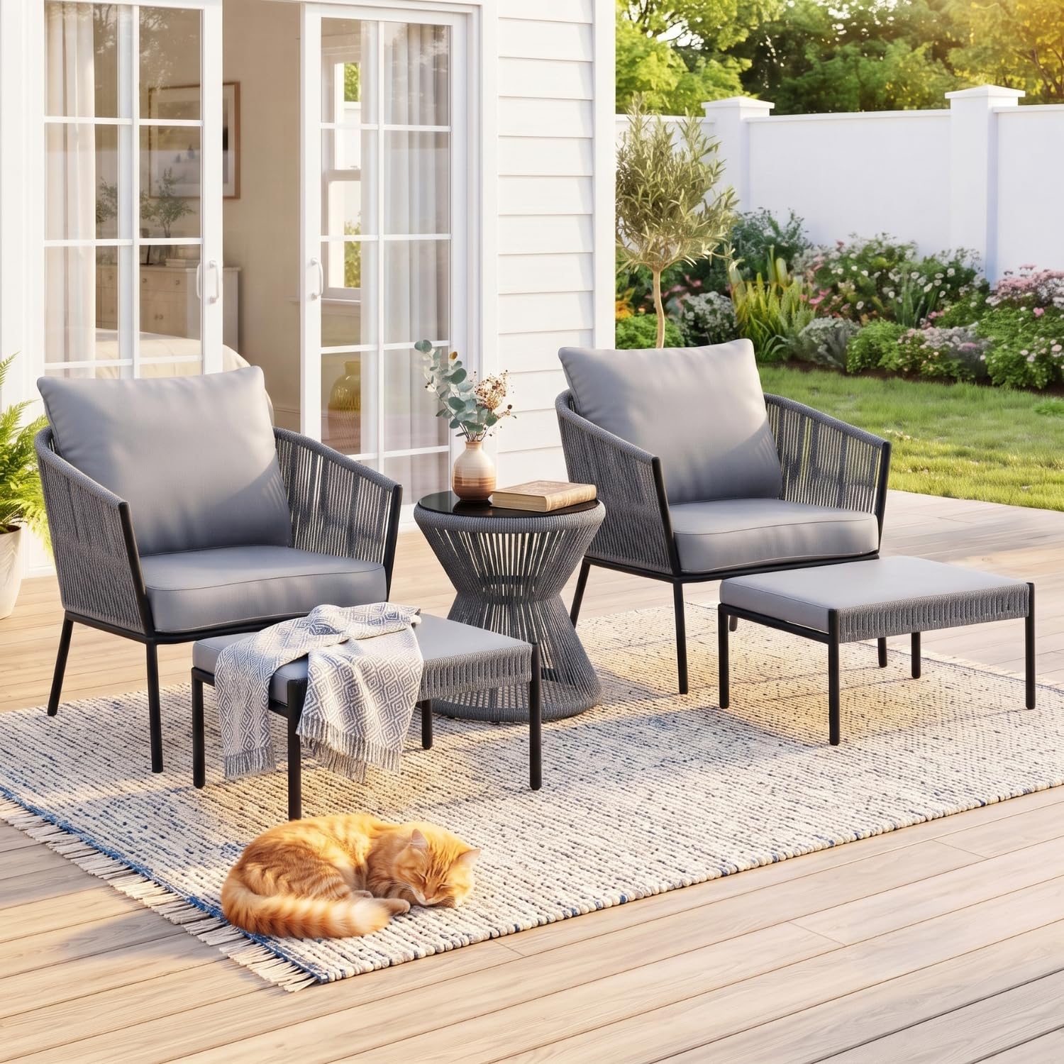 DEVOKO 5 Piece Rope Conversation Patio Set with Ottoman & Glass Top Coffee Table for Indoor Outdoor, Garden, Balcony, Backyard,Terrace (Grey)