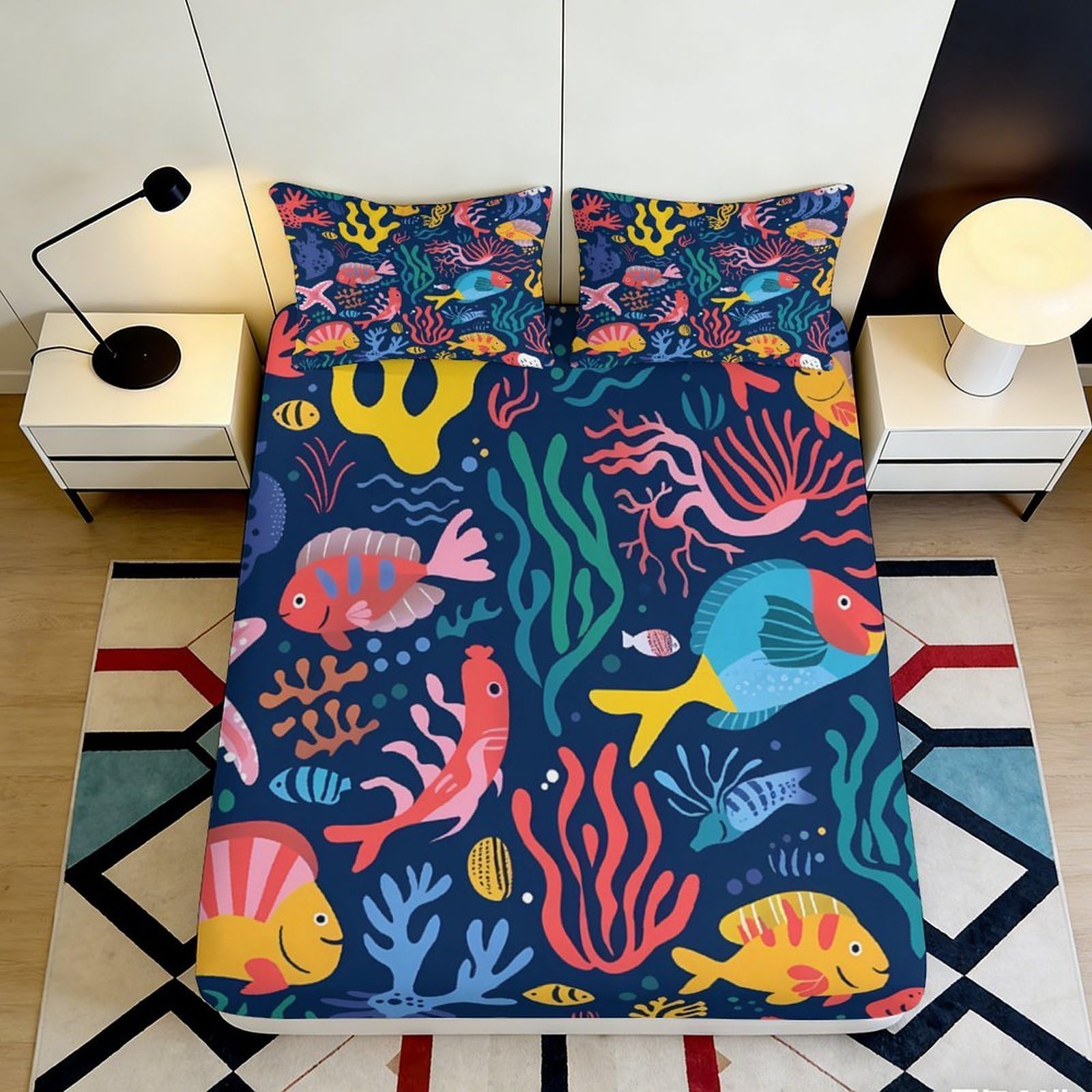 3D Printed Ocean Fish Fitted Sheet Microfiber Deep Sea Coral Bed Sheet Anti-Slip Washable Bedroom Decor Mattress Protector 90x200x25cm