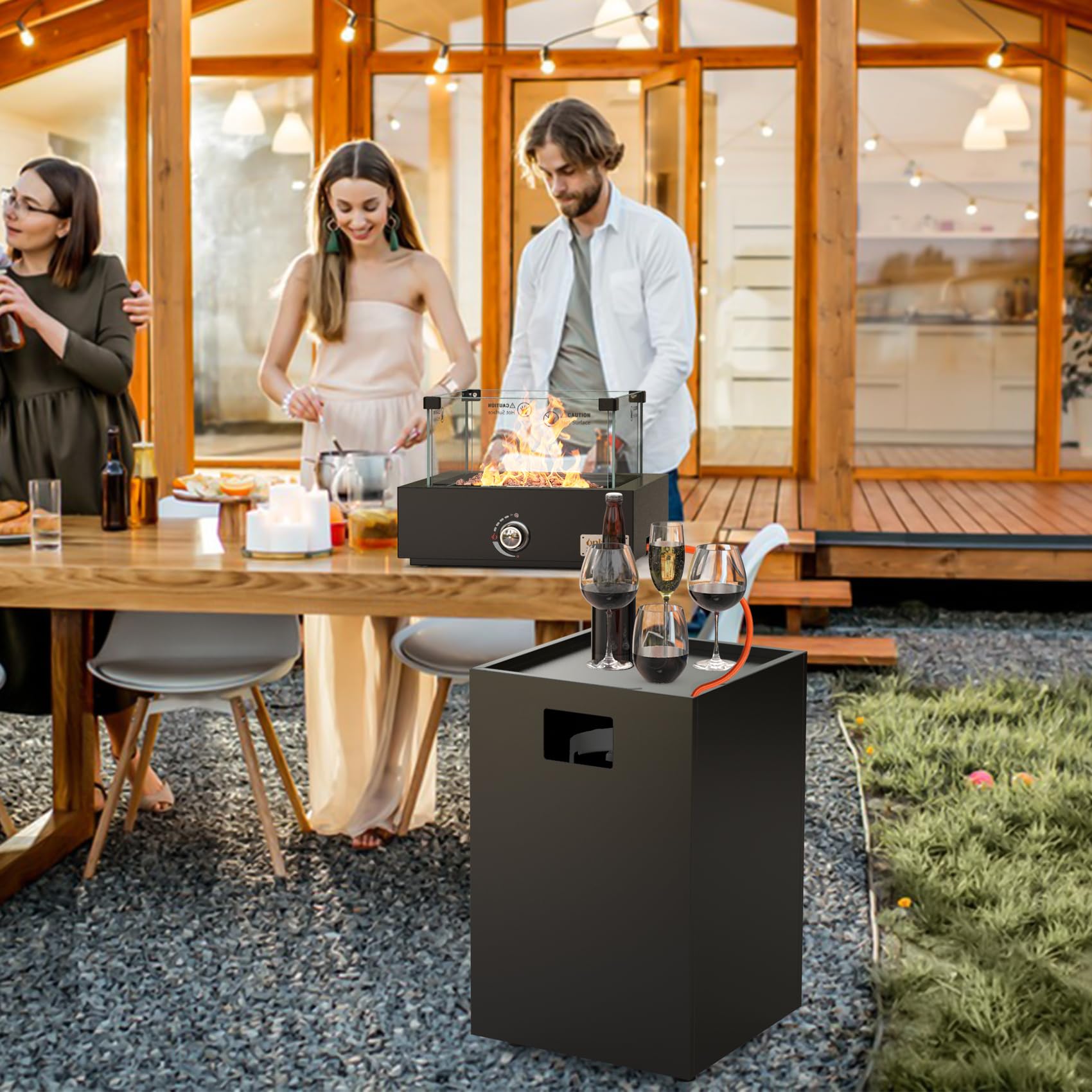 Onlyfire Abnehmbare Gas Feuerstelle, Quadratische Outdoor Gas Feuertisch mit Glaswindschutz, Rollen und Lavasteine, Terrassenfeuer mit Elektronische Zündung, 6,85KW, für Garten und Balkon, Schwarz