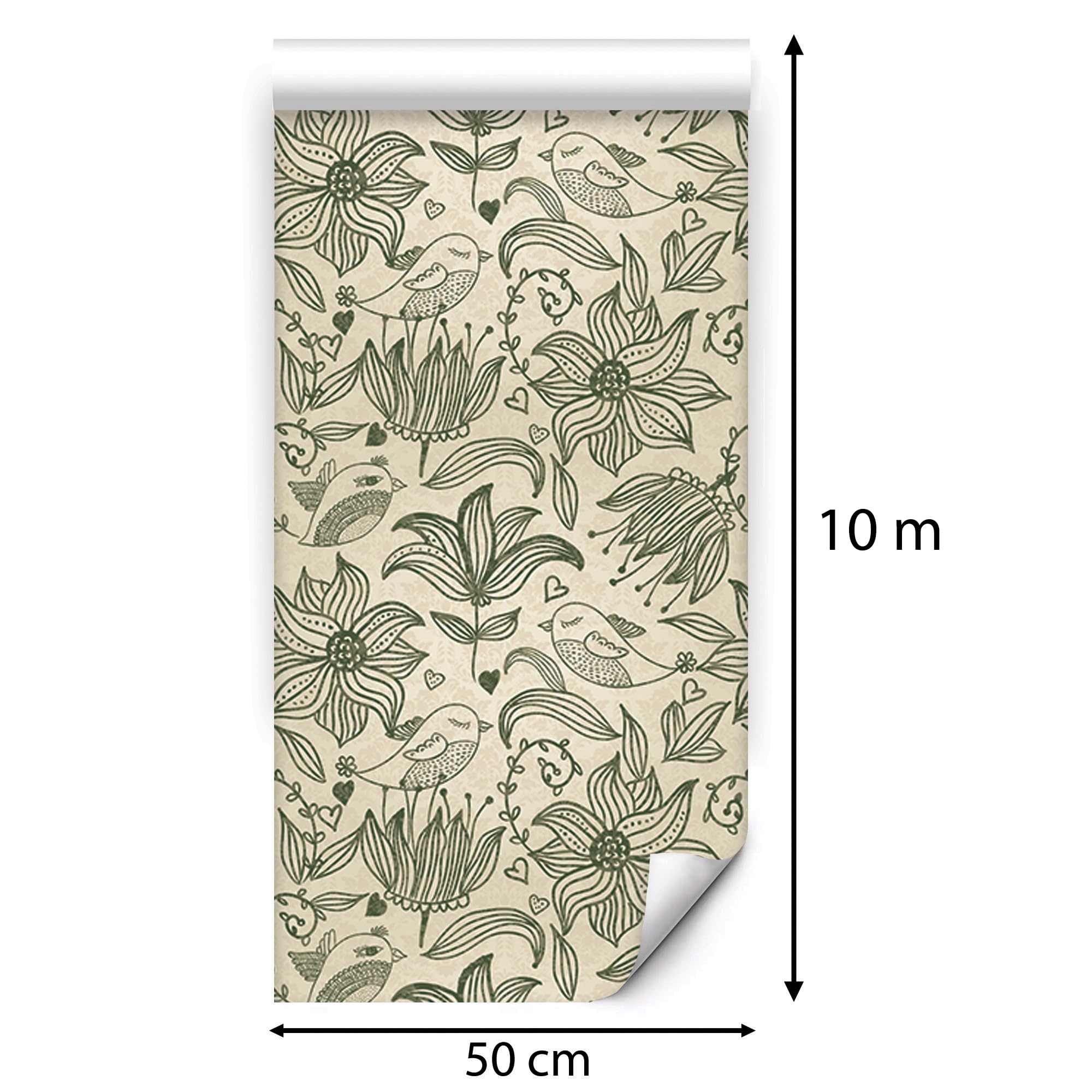 Tapeta samoprzylepna folia meblowa kwiaty ptaki wzór kwiatowy vintage | Tapeta z kwiatowym motywem ptaków w stylu vintage nowoczesny design motyw natury beżowo-zielony skandynawski do salonu