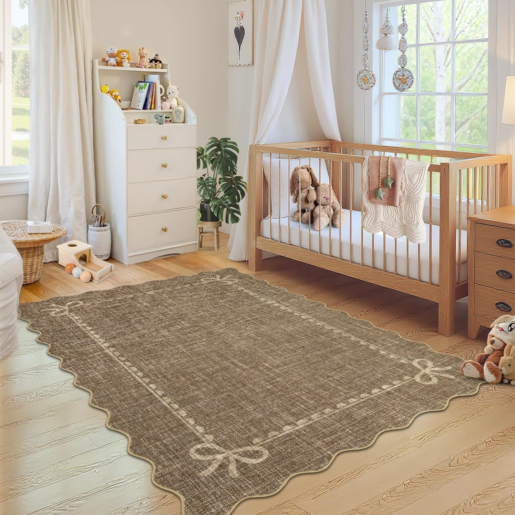 CAROMIO Modern Scalloped Bow Rug 120x170 cm, Washable Low Pile Area Rug, Ultra Thin Non Slip Floor Mat for Living Room Bedroom Nursery, Brown — image 1
