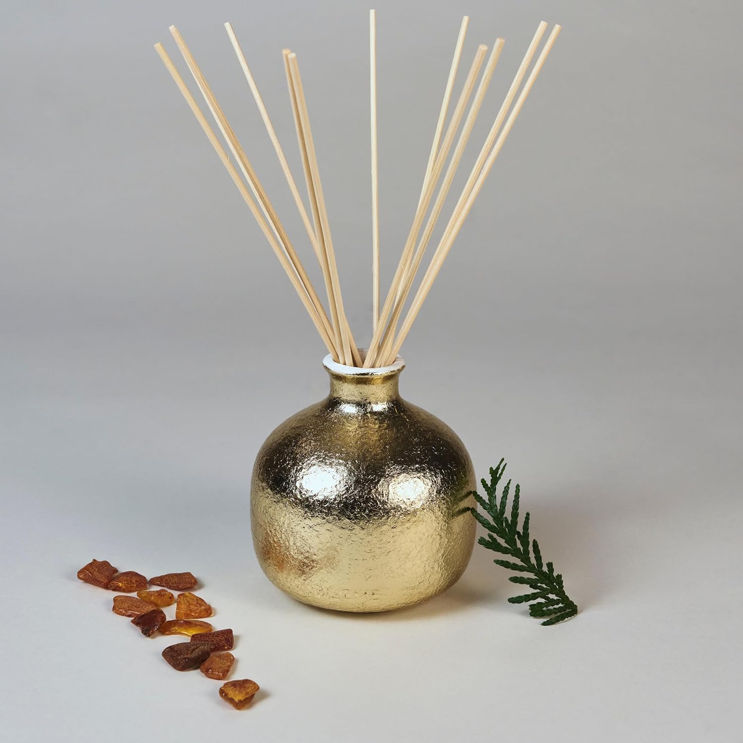 2025 Gold Holiday Diffuser | Refillable, Contains Essential Oil, Sustainable Wellness, Hand Finished, Premium, Luxury Ceramic, Rattan Reeds