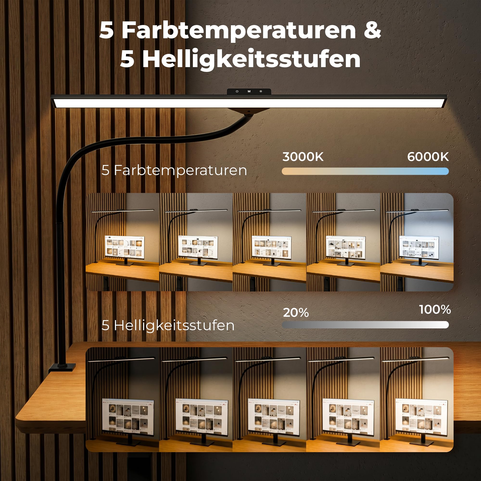 LED Schreibtischlampe klemmbar, dimmbare Monitor Lampe mit 5 Farbtemperaturen und 5 Helligkeitsstufen, Timer, Schwanenhals, augenschonend für Büro, Homeoffice, Videobearbeitung