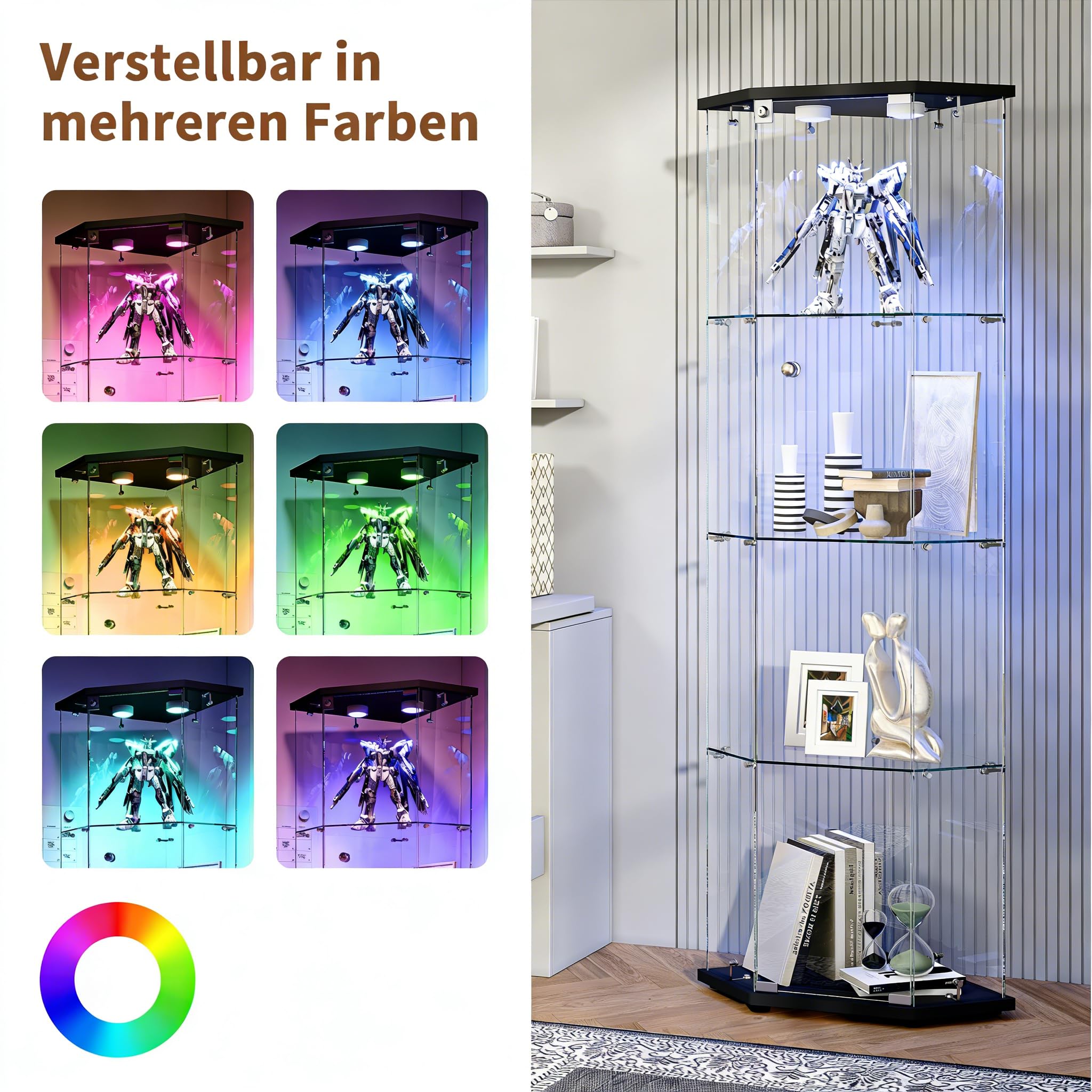 Vetrina angolare in vetro con LED, vetrina con 1 ante in vetro chiudibile a chiave e 4 ripiani, vetrina da collezione in vetro trasparente per soggiorno, ufficio, oggetti da collezione (nero)