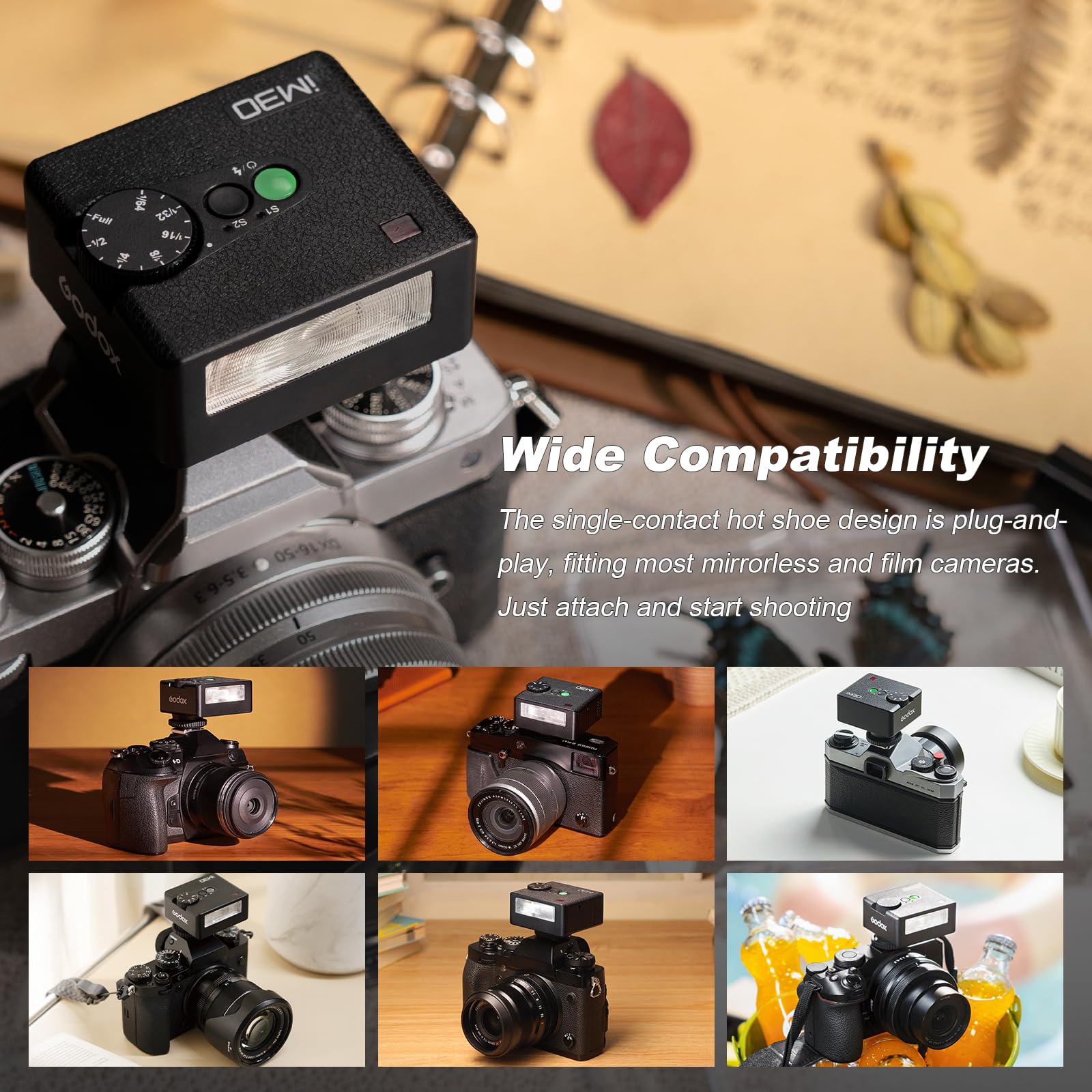 Godox iM30 - Mini flash con diffusore per fotocamere Canon, Nikon, Sony, Fuji, Olympus a contatto singolo, flash Godox con Diffusion Dome Speedlite GN15, regolazione della potenza a 7 livelli, 230