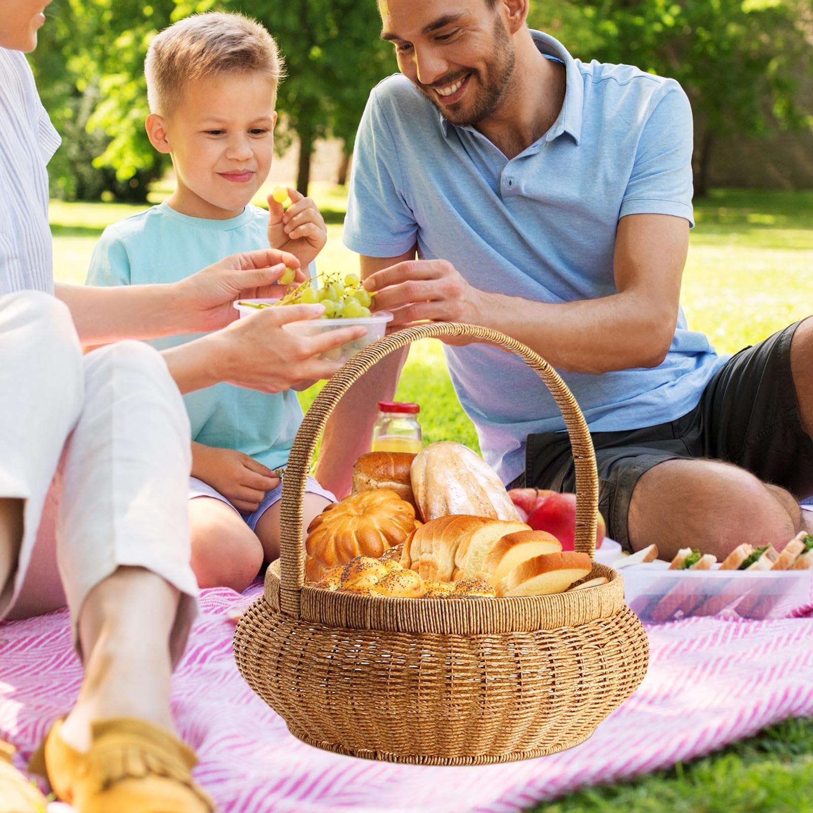 Woven Flower Basket - Organizer Na Żywność Z Wikliny Z Rączkami - Imitacja Rattanu Okrągły Pojemnik Dekoracyjny Do Przechowywania | Na Owoce Warzywa Chleb Serwowanie Dom Stół Piknik