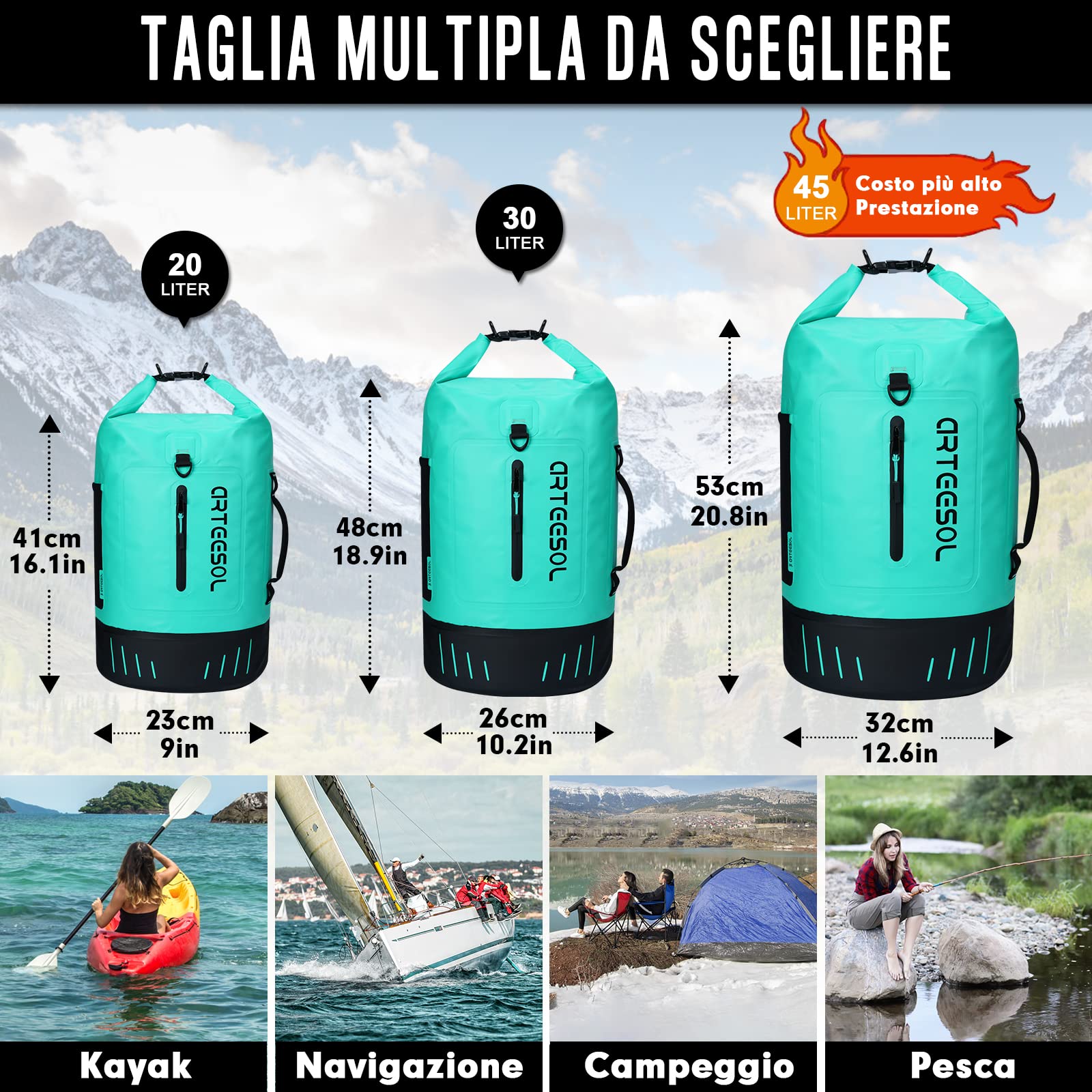Borsa Impermeabile Mare Aggiornato, 45L 40L 30L 20L Zaino Impermeabile Sacca Stagna Sacca Impermeabile Con Spalline Per Kayak Tour in Barca Canoa/Pesca/Rafting/Nuoto/Canottaggio