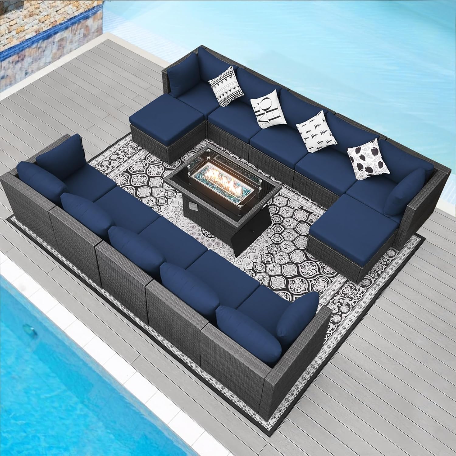 NICESOUL 13 Piece Patio Furniture w/Fireplace, Elegant Outdoor Seating w/Firepit, XL Size 29.3'' High Back Sectional Sofa, All-Weather Rattan Deck Couch, Modular Sturdy Conversation Set, Gray & Blue