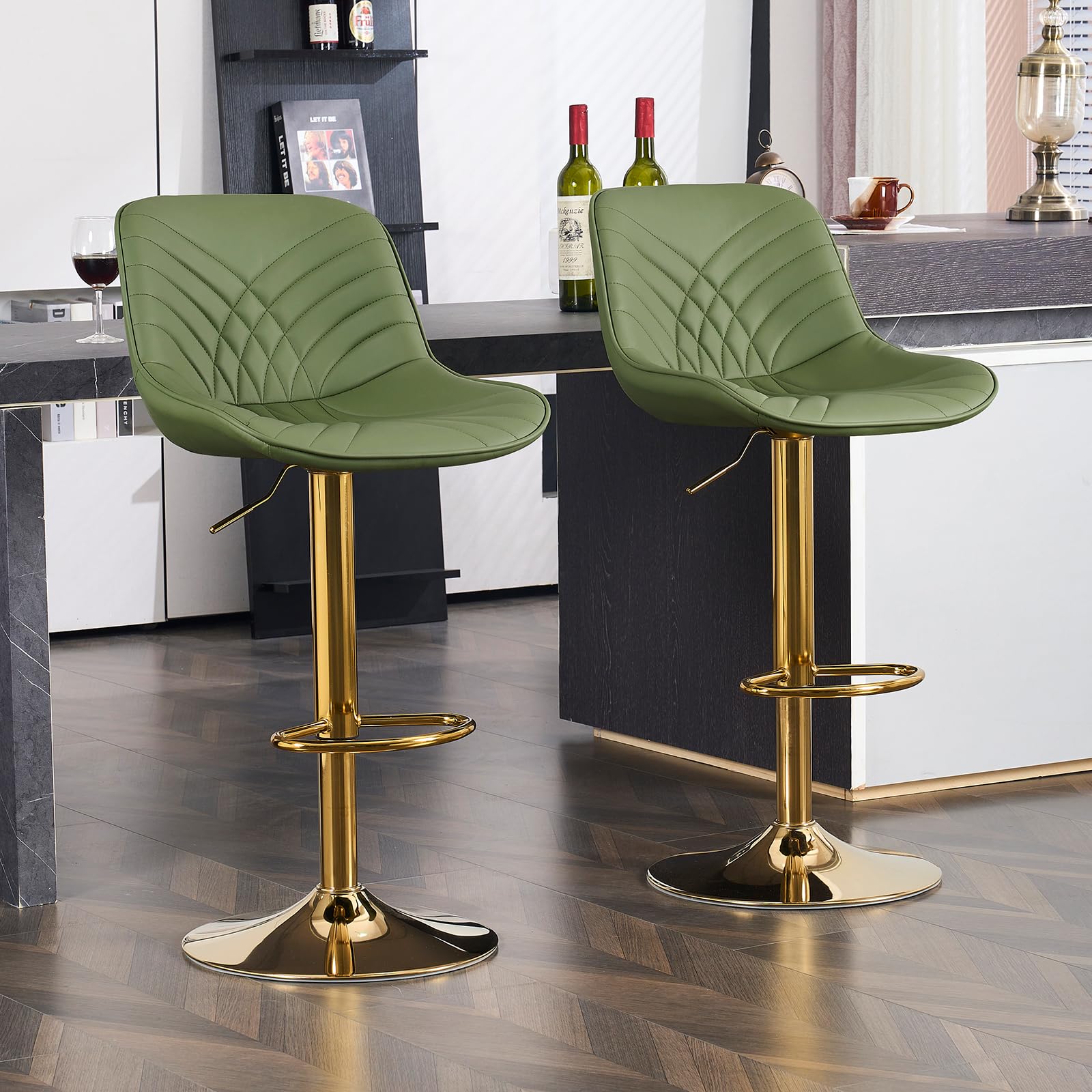 Orirsnug Bar Stools Set of 2, Swivel Breakfast Chair, Height Adjustable Bar Stools, Modern Kitchen Stools, Suitable for Kitchens and Breakfast Counters, Green