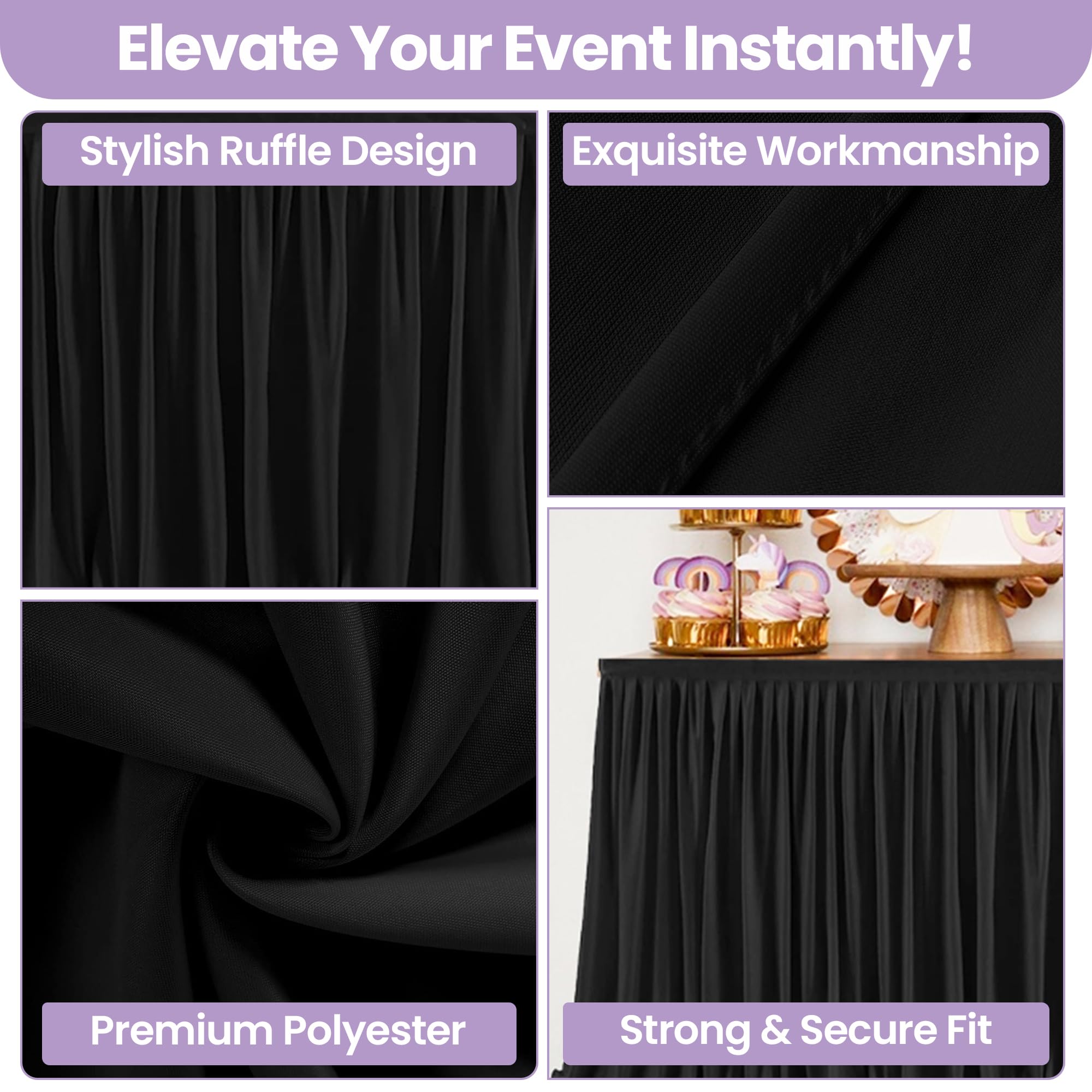 EVENT DECOR SHOP Czarna spódnica stołowa 6,4 m – plisowana poliestrowa spódnica stołowa na prostokątne stoły, elegancki obrus na wesela, imprezy, baby shower, wydarzenia, bankiety i wystrój domu