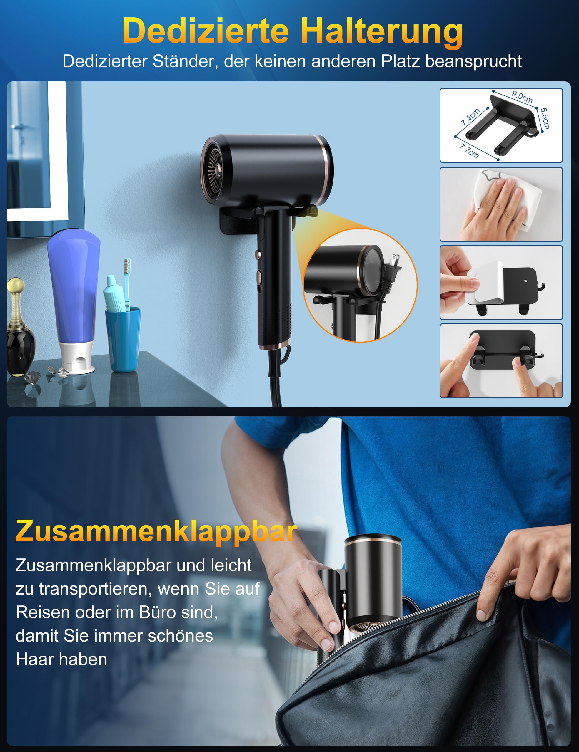Föhn AC Motor 2400W Klappbar Ionen Haartrockner,Profi Fön Reisefön mit Heiß-/Kalttaste, 3 Heiz, Schnelltrocknen Hair Dryer,Salon Haarföhn mit Diffusor & Aufbewahrungstasche (Schwarz)