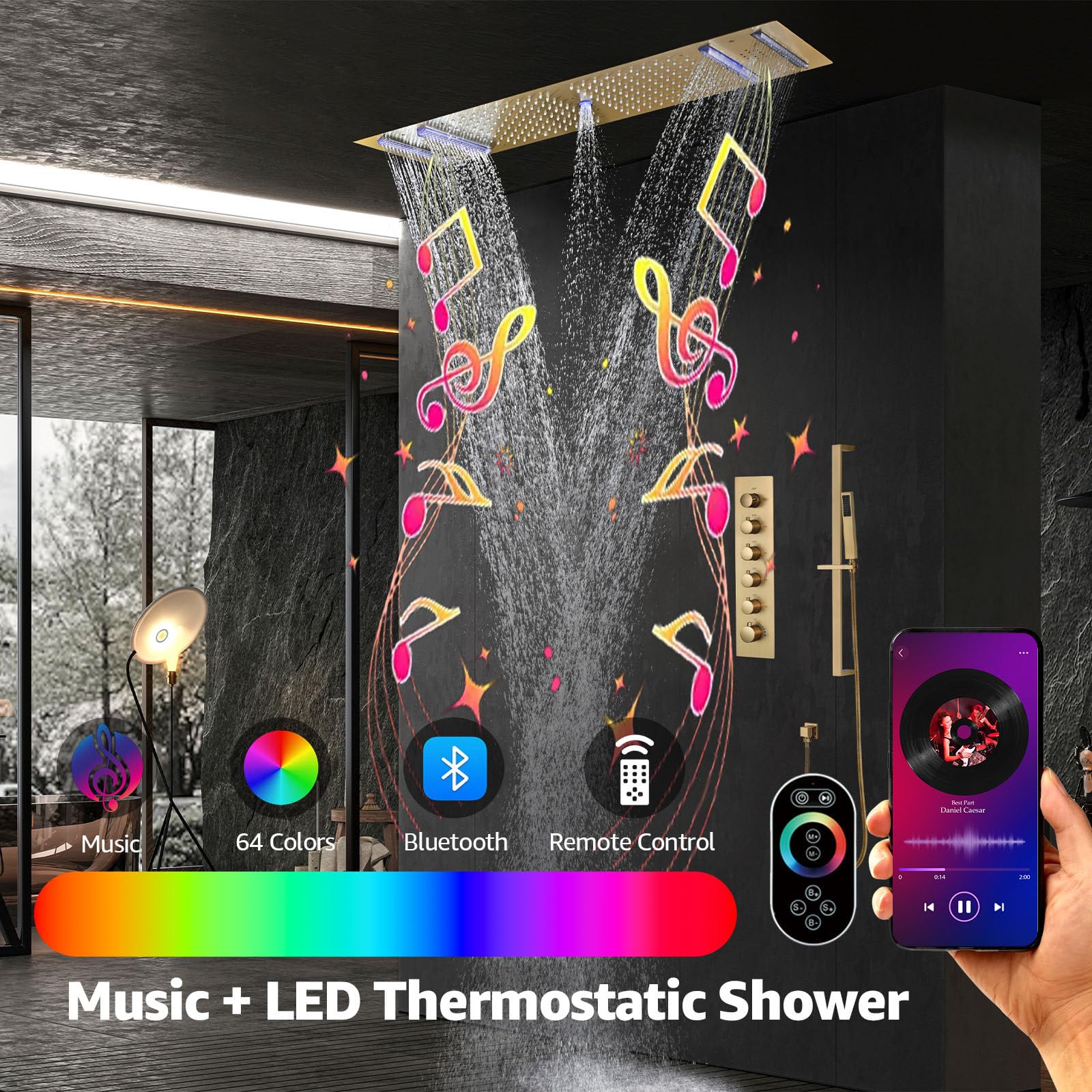 Musical Sistema de Ducha Termostatica Empotrado, 64 Colores RGB LED Columna Ducha Empotrado Latón, Conjunto de Ducha Oro con 900x300mm 5 Modos Alcachofa de Ducha y Ducha de Mano