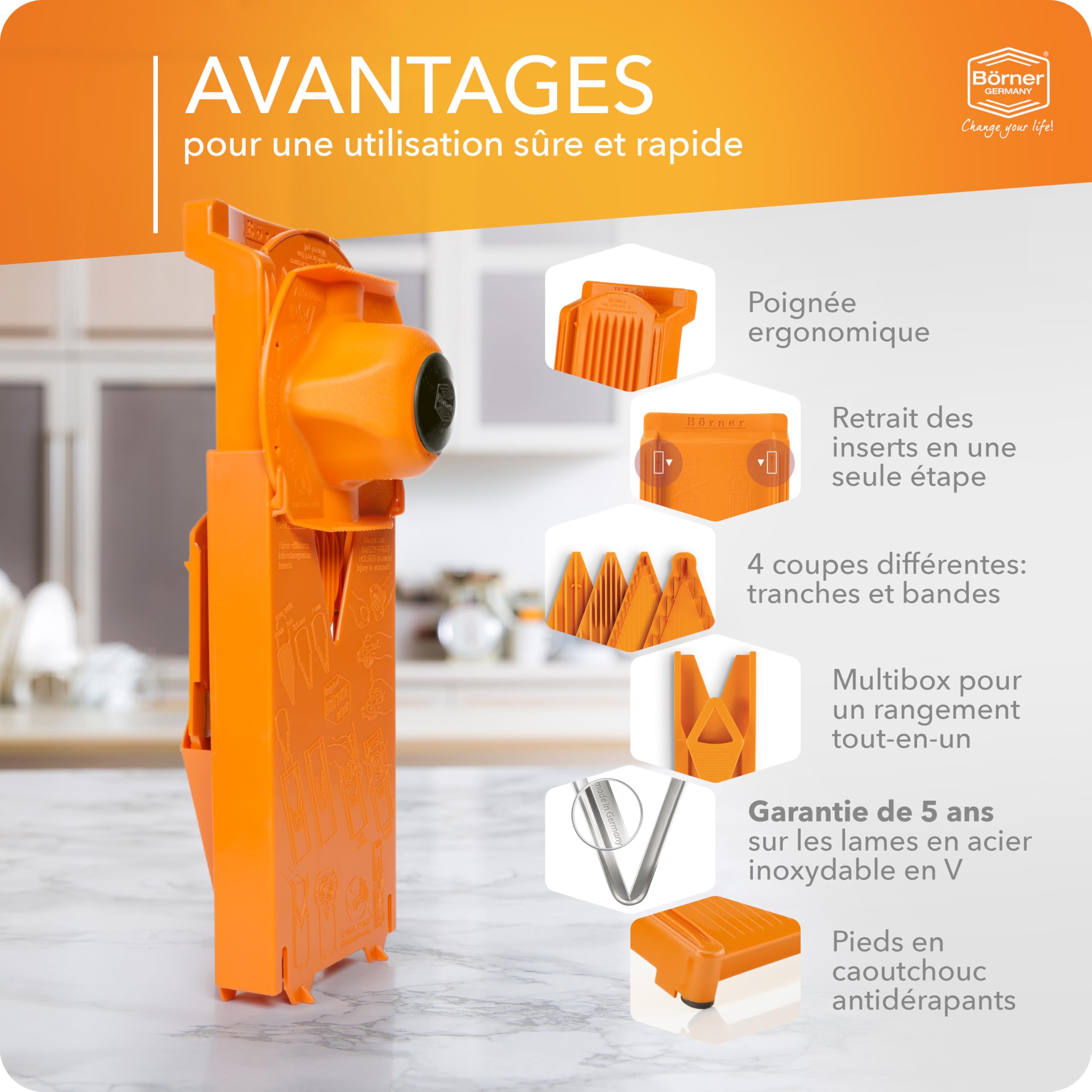 Coupe Légumes V3 (Starter Set) • Mandoline en V pour 5 types de coupe • Mandoline Réglable pour Légumes & Fruits • Lame en Acier Inoxydable • Râpe avec Porte-fruits • Orange