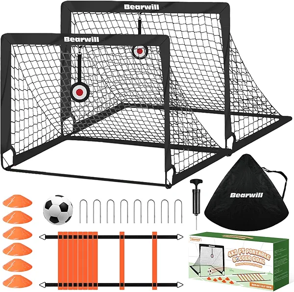 Bearwill Soccer Goal, Kids Soccer Goals for Backyard Set of 2, 4x3ft Portable Soccer Goal Pop Up Soccer Net, Kids Soccer Net for Backyard Training Equipment with Soccer Ball, Ladder, Cones, Targets