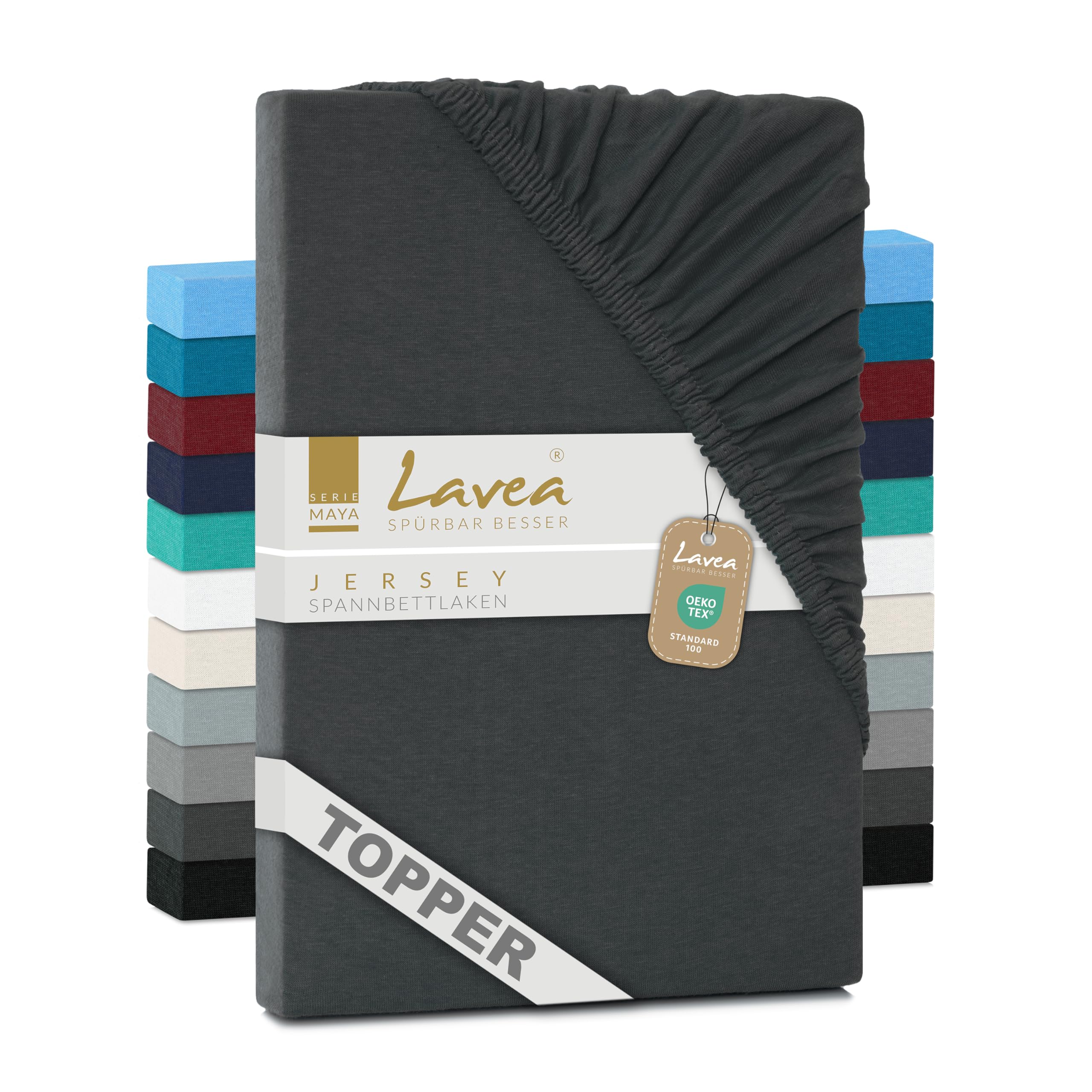 Lavea Topper Spannbettlaken Serie Maya, Baumwolltopper 180x200cm, hochwertig Anthrazit | Oeko-Tex Standard 100, Gummizug