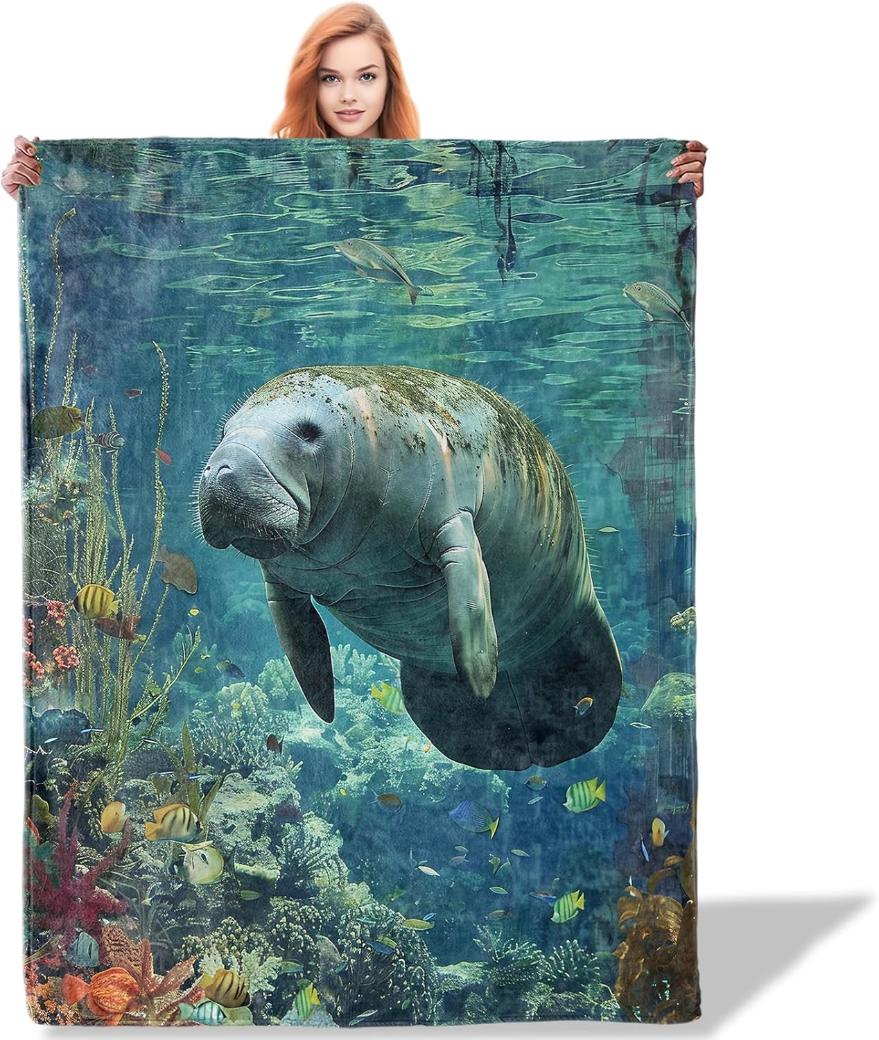 Ocean Manatee Throw Blanket for Women Girls Boys, Soft Flannel Blankets Gifts for Living Room Couch, Home, Sofa Decor, 50"x60"