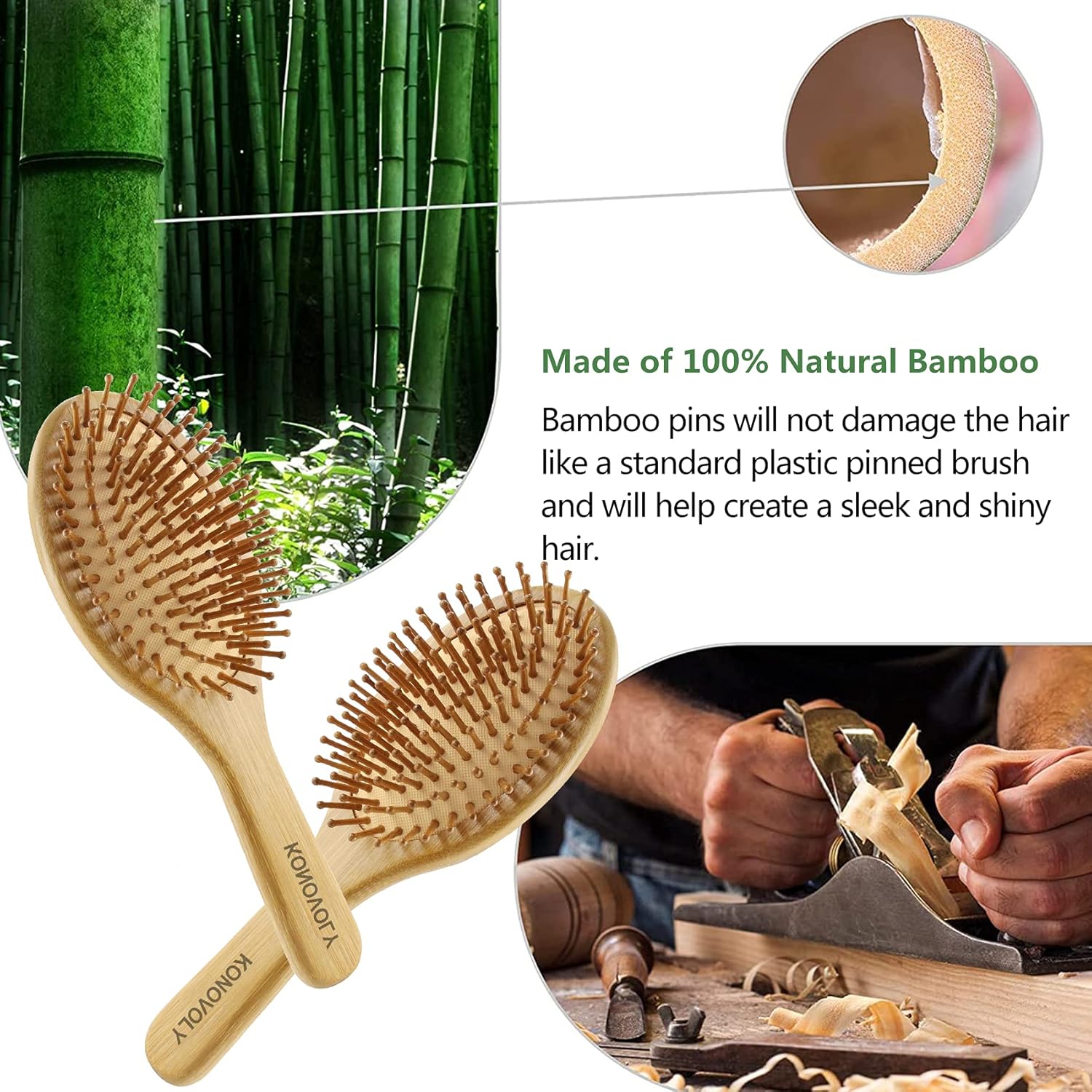 2 x Bamboo Hair Brushes, Natural Hair Brush with Bamboo Bristles