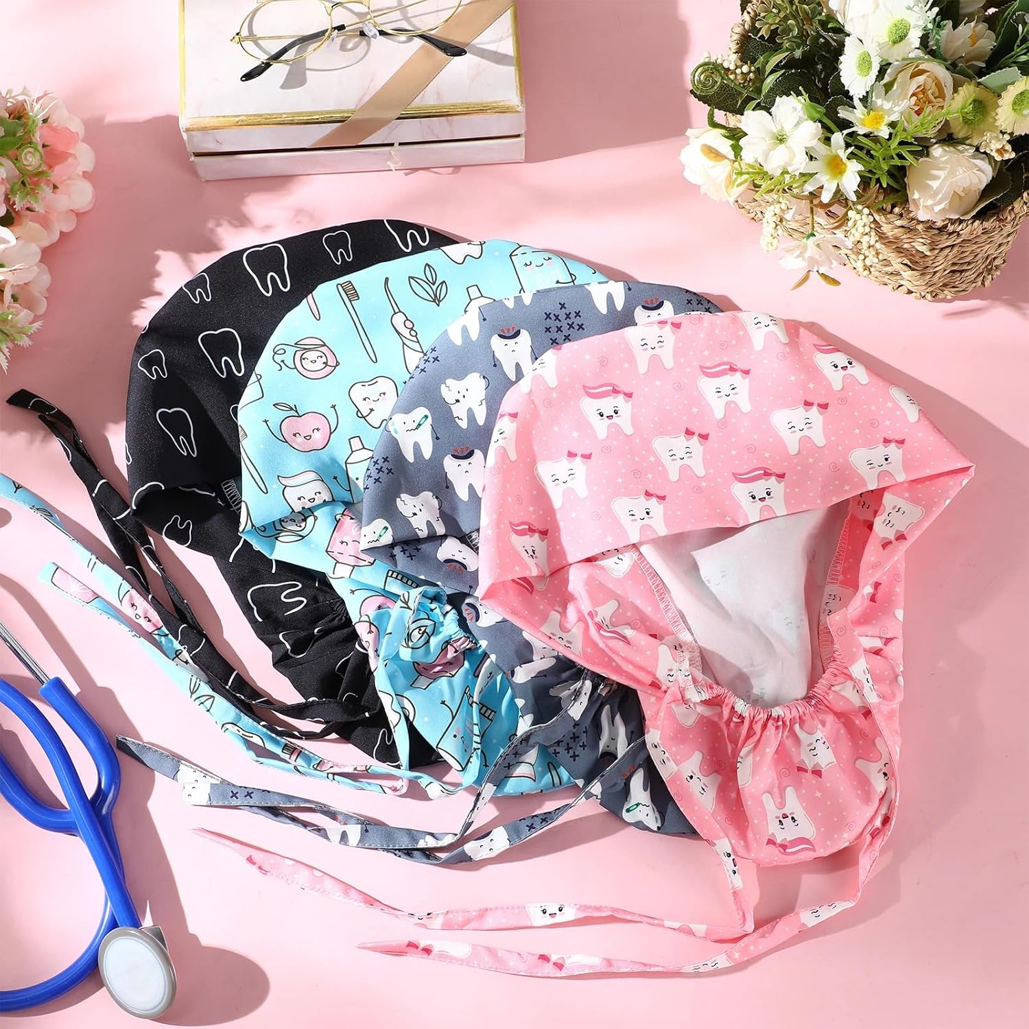 Unittype 4 Pcs Nurse Caps for Women Nursing Working Caps with Button and Sweatband Adjustable Elastic Scrub Hats for Dentist - Image 7