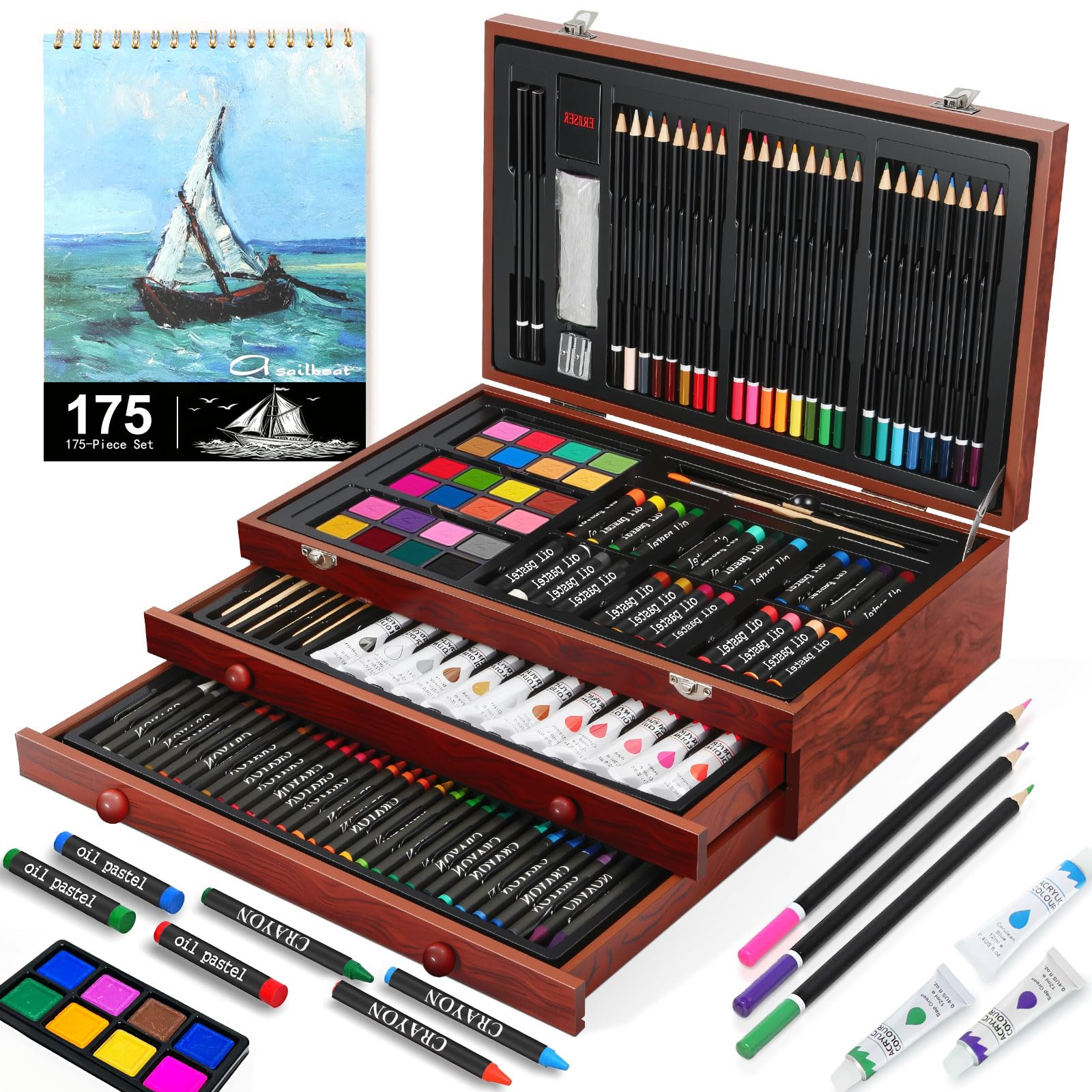 MIAOKE 175 Piece Art Set, Art Supplies in Wooden Case, Contains Sketchbook, Acrylic Paint,Crayons, Colored Pencils, Great Gift for Kids and Art Beginners — image 1