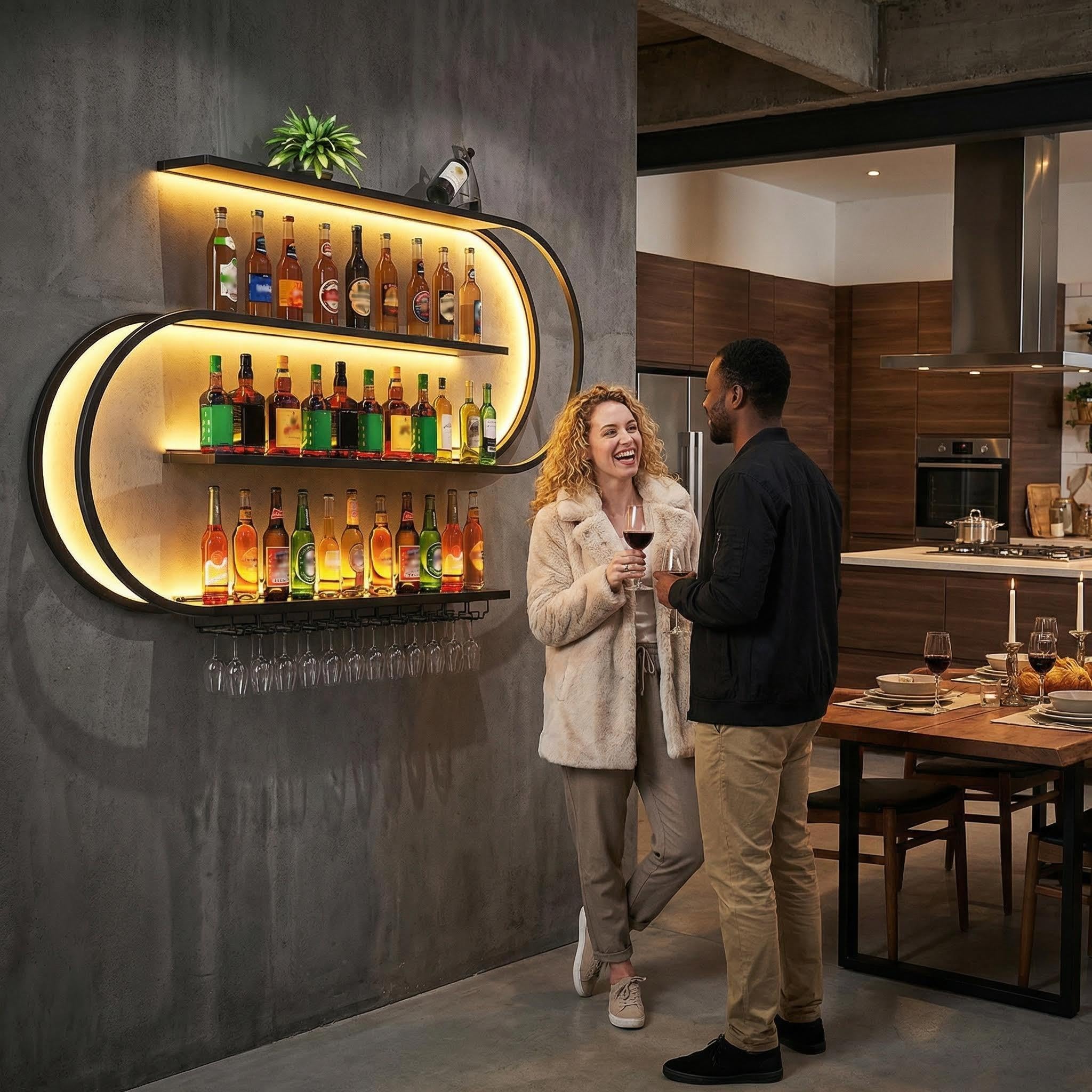 Portabottiglie da parete, mensole da bar sospese a 4 livelli, mensola portabottiglie in metallo industriale, per arredamento da bar e sala da pranzo, nero (150cm)
