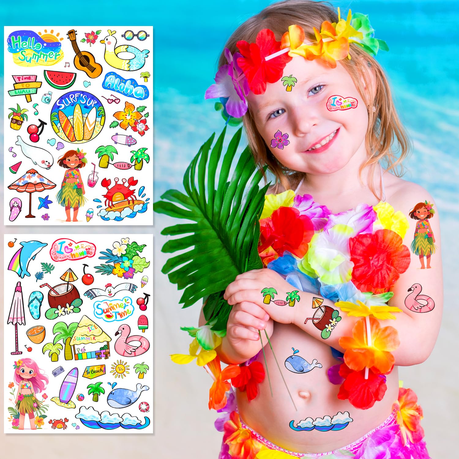 Leesgel Hawái Tatuajes Temporales Niños, 200 Estilos Fluorescente Stickers Infantiles Pegatinas para Niños, Veranos Tropicales Juguete Relleno Piñata Regalos Fiesta Cumpleaños Infantil Leesgel Hawái Tatuajes Temporales Niños, 200 Estilos Fluorescente Stickers Infantiles Pegatinas para Niños, Veranos Tropicales Juguete Relleno Piñata Regalos Fiesta Cumpleaños Infantil