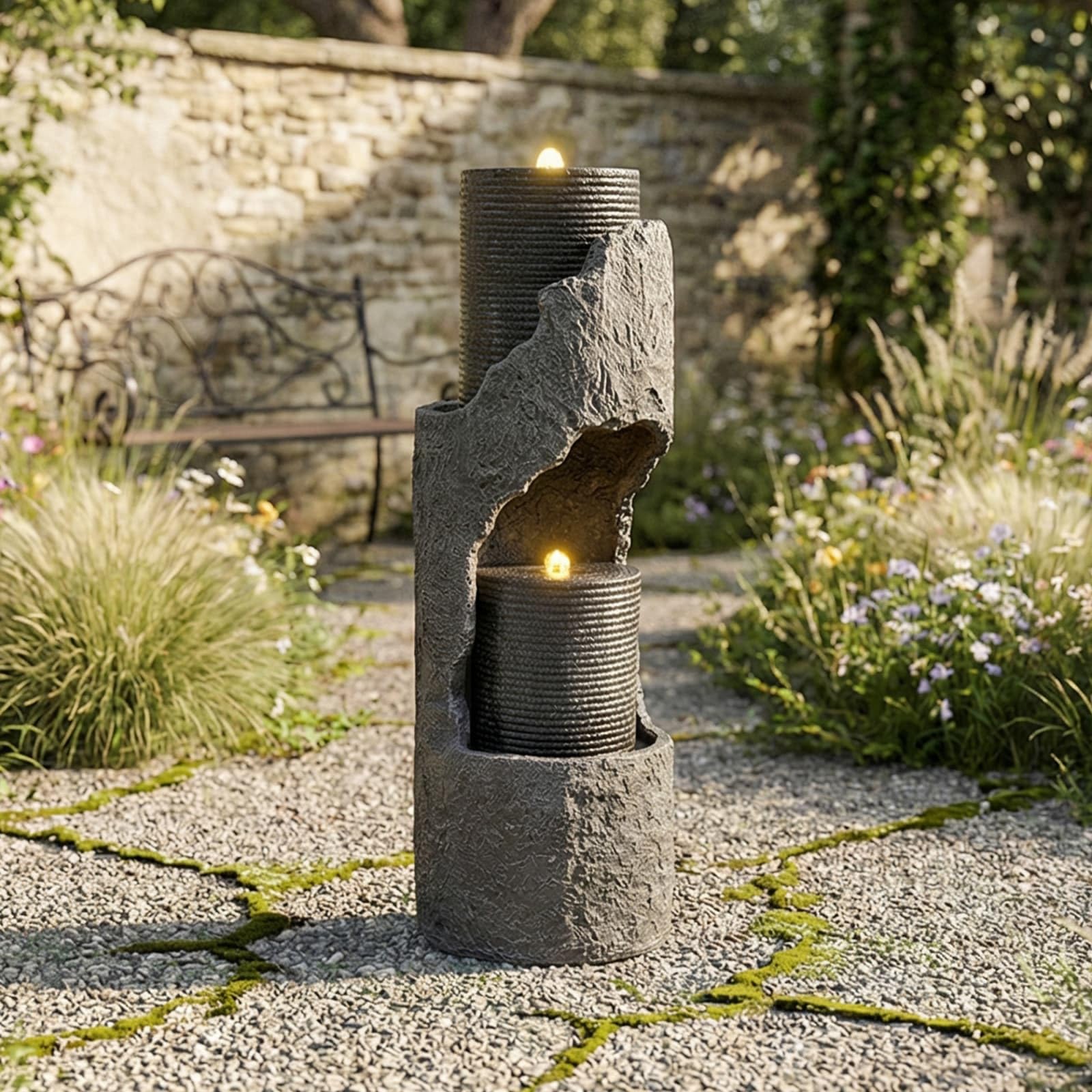 KOMHTOM Fontaine de Jardin, Cascade Exterieur avec LED, Colonne Cylindrique Moderne, Aspect Pierre Naturelle en Resine, Pompe a Eau Incluse, pour Terrasse Balcon Cour(Style 4 - Gris)