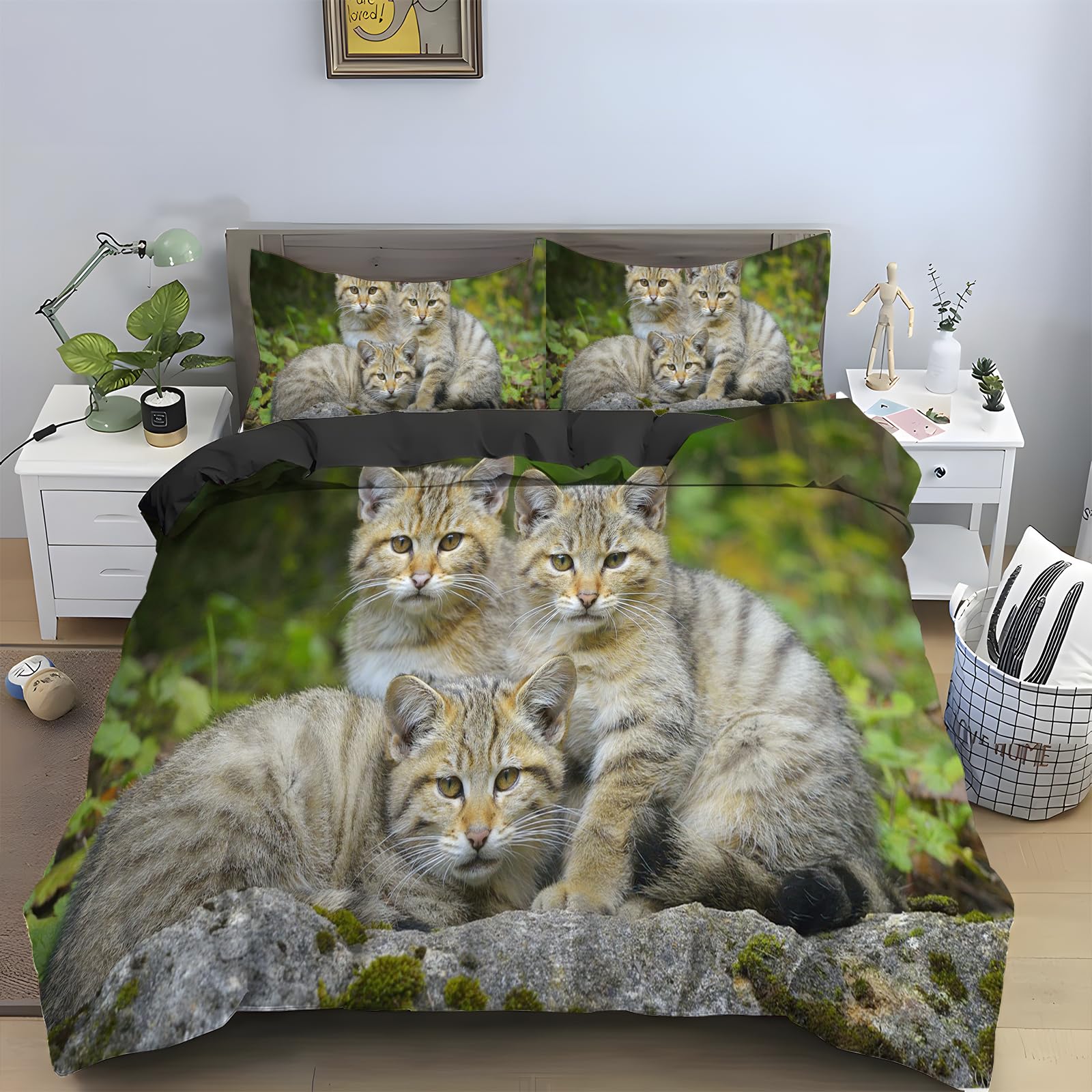 Green Bobtail Cat zestaw pościeli super king – poszewka na kołdrę z nadrukiem zwierzęcym + 2 poszewki na poduszki 48 cm x 74 cm, mikrofibra 110 g nadaje się do prania, hipoalergiczna z zapięciem
