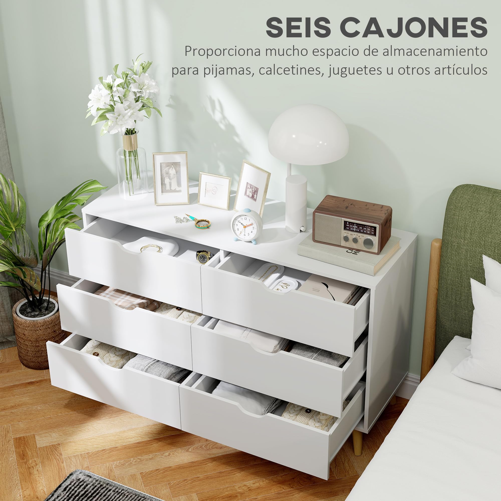 HOMCOM Commode 6 tiroirs Armoire avec tiroirs Meuble de Rangement Pieds en Bois Massif Style Moderne 120 x 40 x 76 cm Blanc