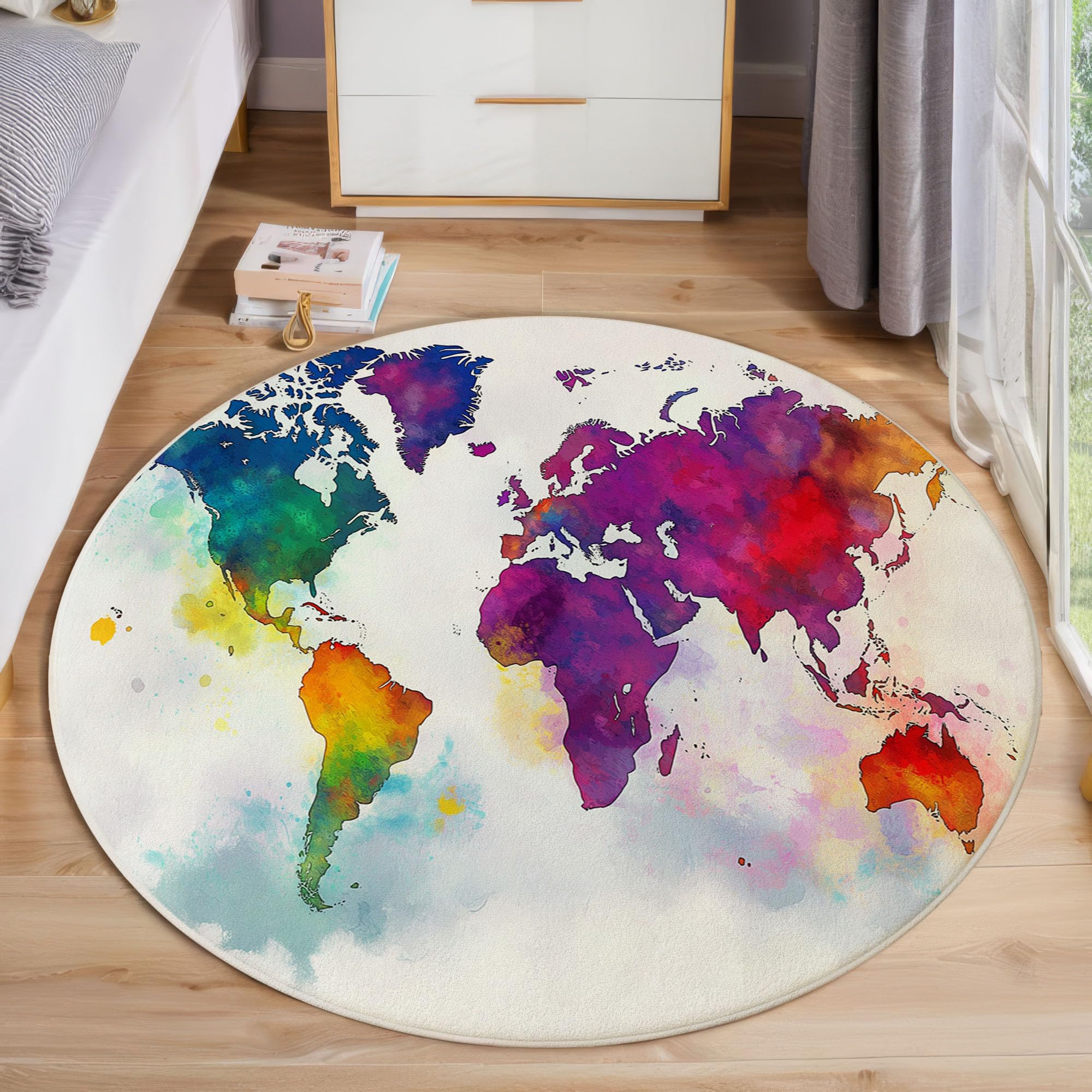 Aquarell-Weltkarte Rutschfest Runder Teppich 100cm, Minimalismus Runder Teppich Wohnzimmer, Mehrfarbig Dekoration Teppiche Weich Waschbar Für Zuhause Bodenmatte Schlafzimmer Dekorativer Teppiche