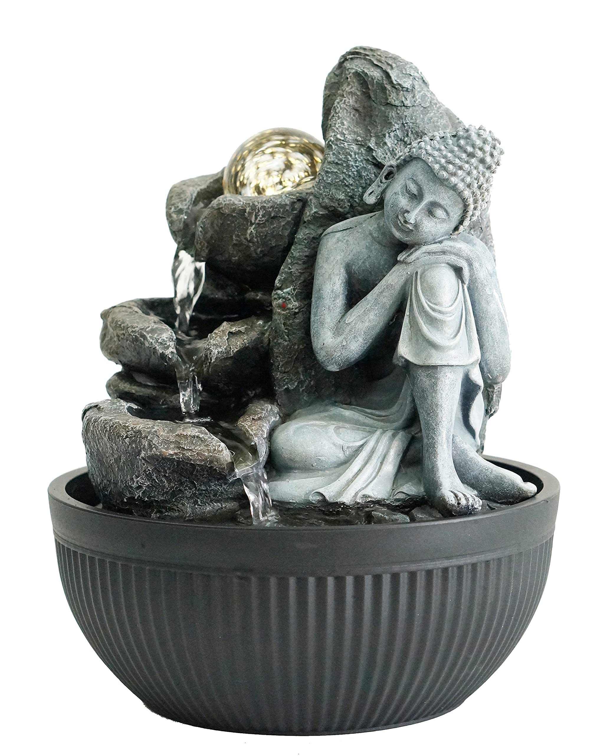 Buddha Indoor Tabletop Water Fountain with Colour-Changing LED Light & Spinning Glass Ball, USB Zen Water Feature for Home, Office & Meditation, 25cm