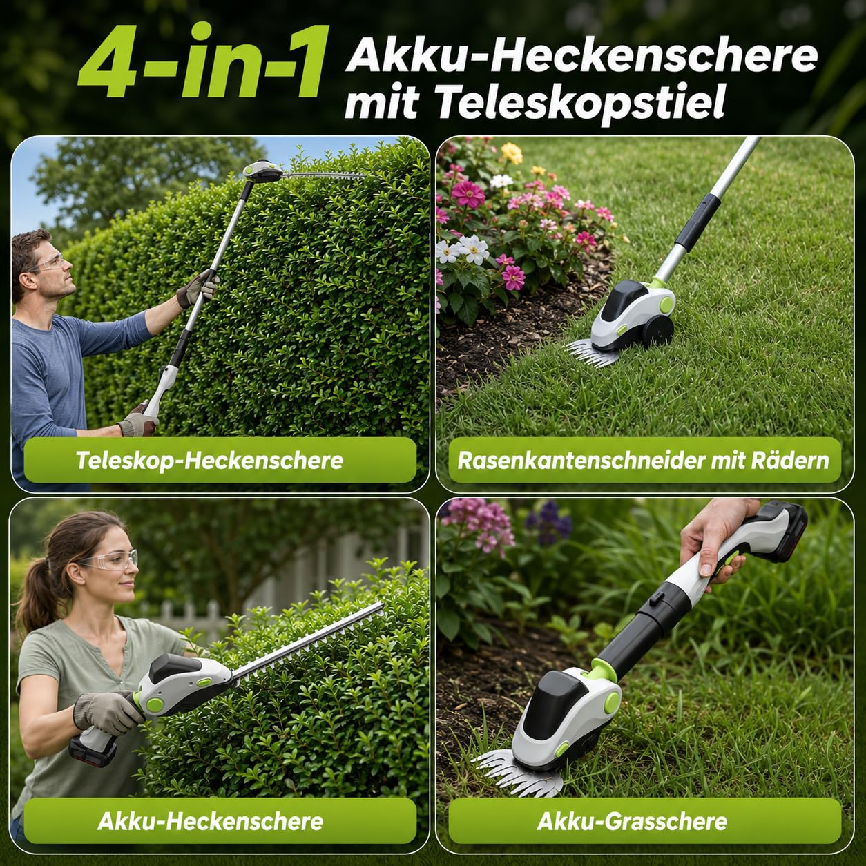Teleskop Heckenschere Akku mit Rollen, 4-in-1 Elektro-Teleskop-Astschere & Grasschere mit Leistungsdisplay und 2x21V Akkus, Aluminiumlegierung, 110° Verstellbarer Kopf, Max 1,73m