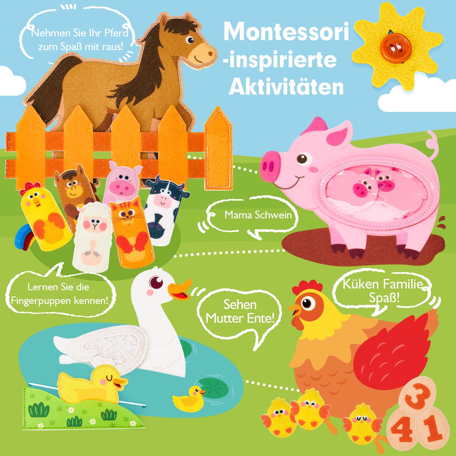 hahaland Busy Board ab 1 Jahr, 3D Filz Bauernhof Quiet Book ab 1 Jahre, Förderung Feinmotorischen Fähigkeiten, Busy Book für Autofahrt, Frühes Lernen Montessori Spielzeug ab 1 Jahr für Geschenk
