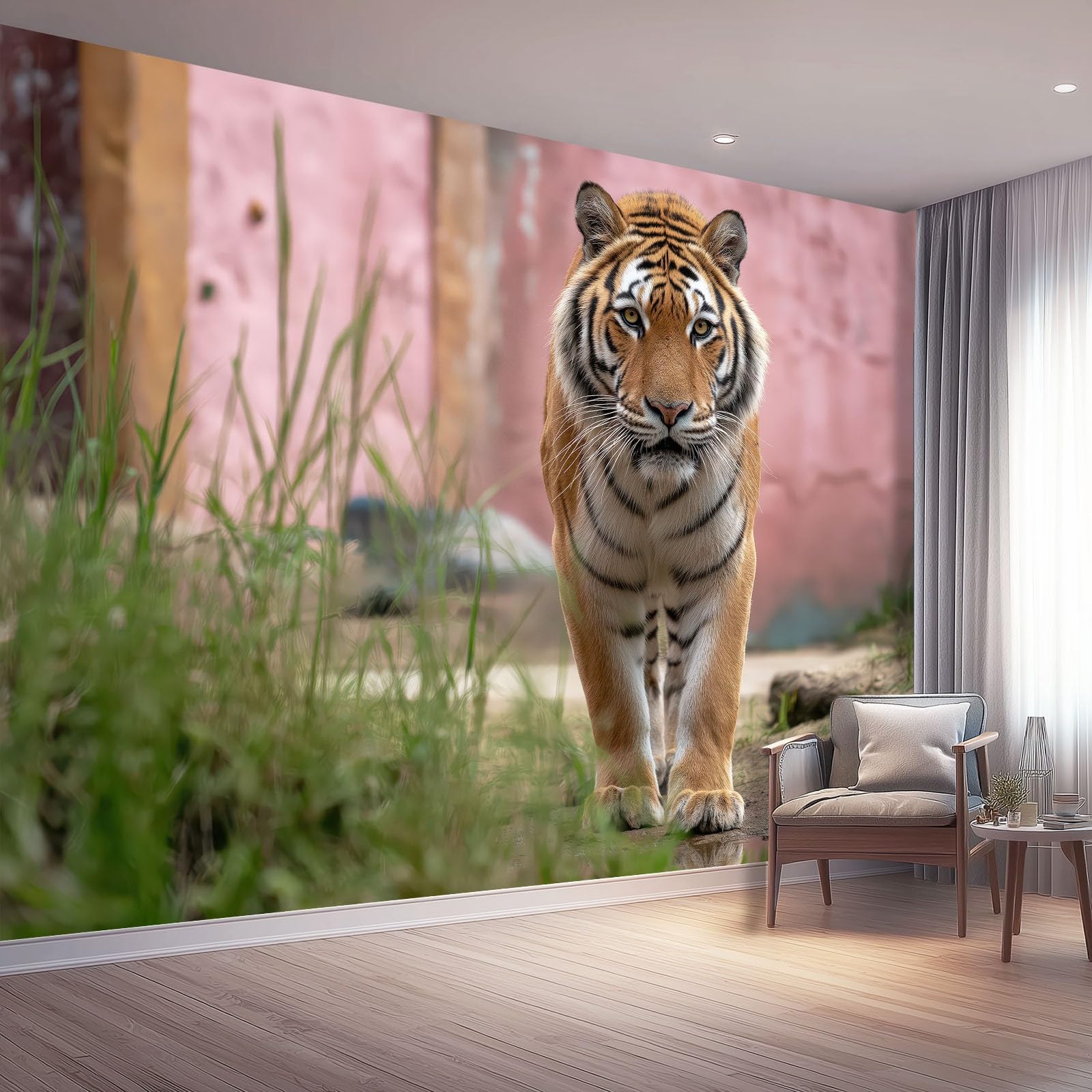 Tiger Plants Removable Waterproof Mural Wallpaper, Multicolor Non-Woven Wallpaper, Minimalist Animal Style Non-Self Adhesive Mural Decoration for Living Room Bedroom Bathroom Kids Room, 250 x 175 cm