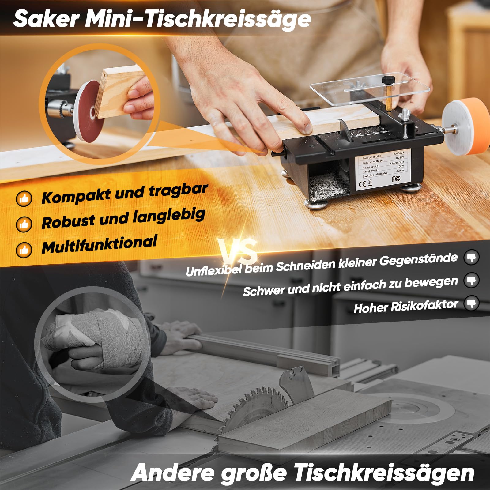 Saker Mini-Multifunktions-Tischsäge,Mini Tischsägen für das Handwerk,Tragbare MinisTisch-Elektro-Säge für das Schneiden von Holz,Geschwindigkeiten und Winkel einstellbar mit mehr Zubehör für das Schne
