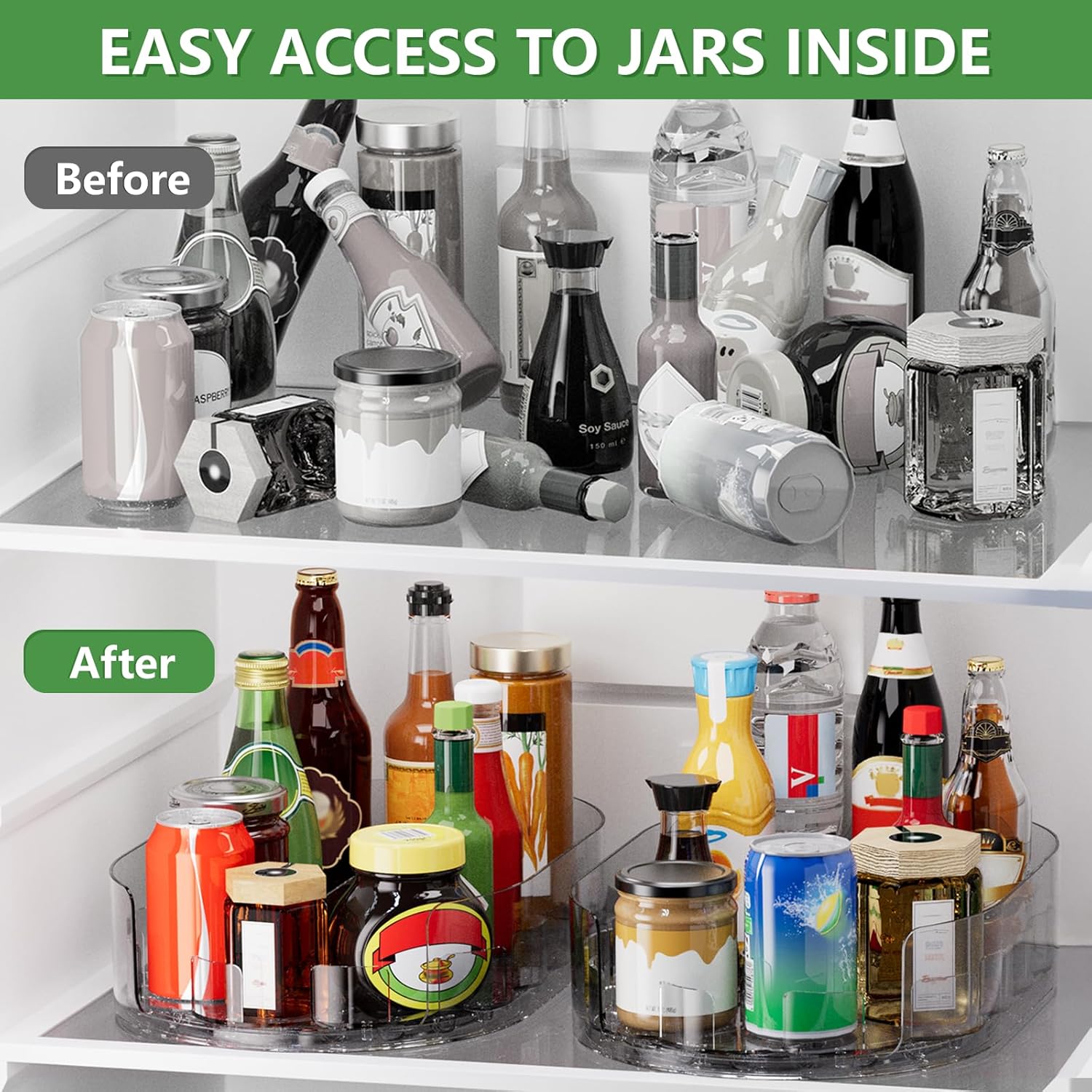 Lazy Susan Organizer for Refrigerator, 13.5'' x 8.5'' Clear Rectangular Turntable Fridge Organizer for Condiments in Refrigerator, Cabinet, Pantry, or Kitchen Countertop (2 Pack)