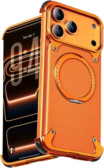 OATSBASF Metal Frameless Genuine Leather Case for iPhone 17 Pro Max Orange