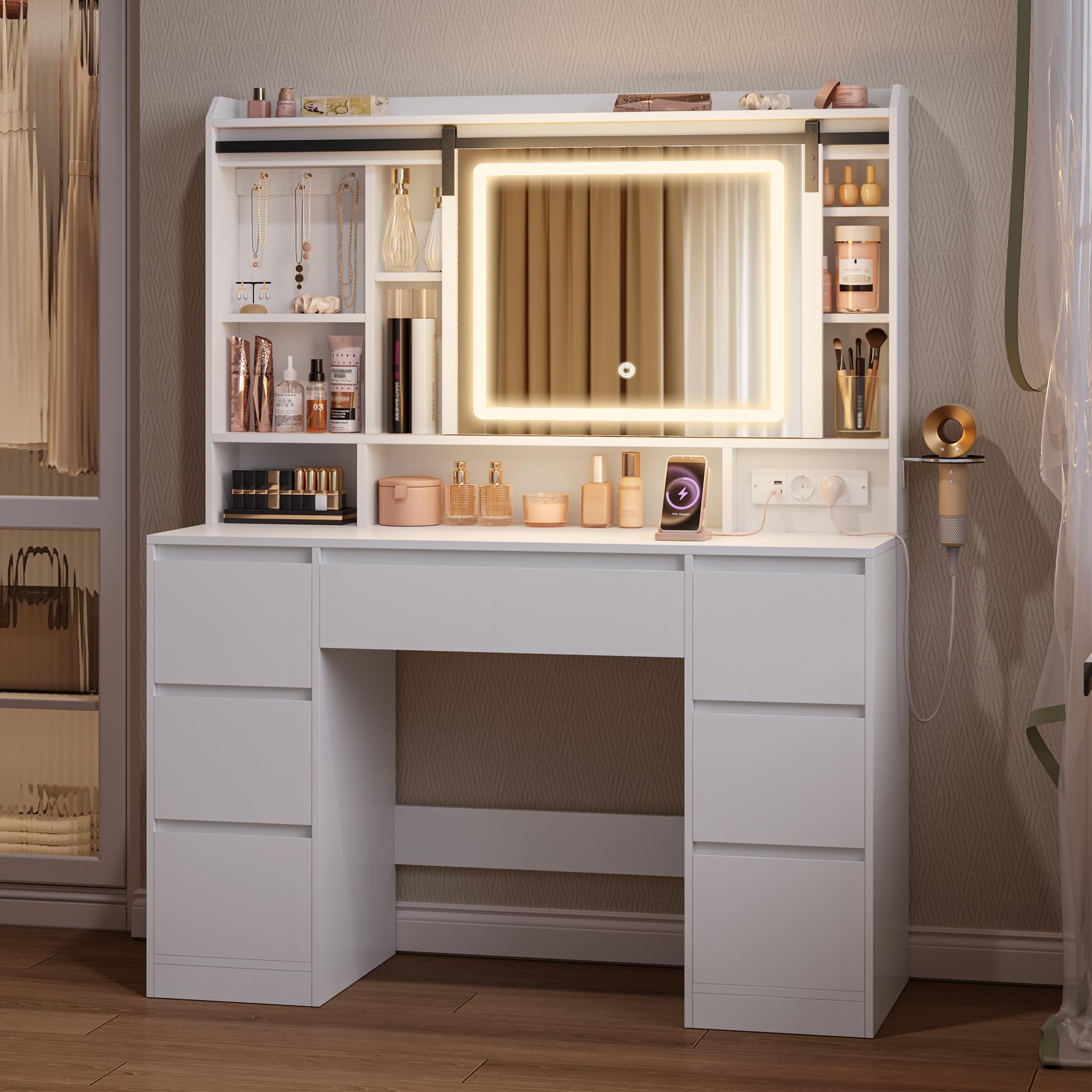 HEXCELEN 108cm Toeletta da Trucco con Specchio Scorrevole, Bianco