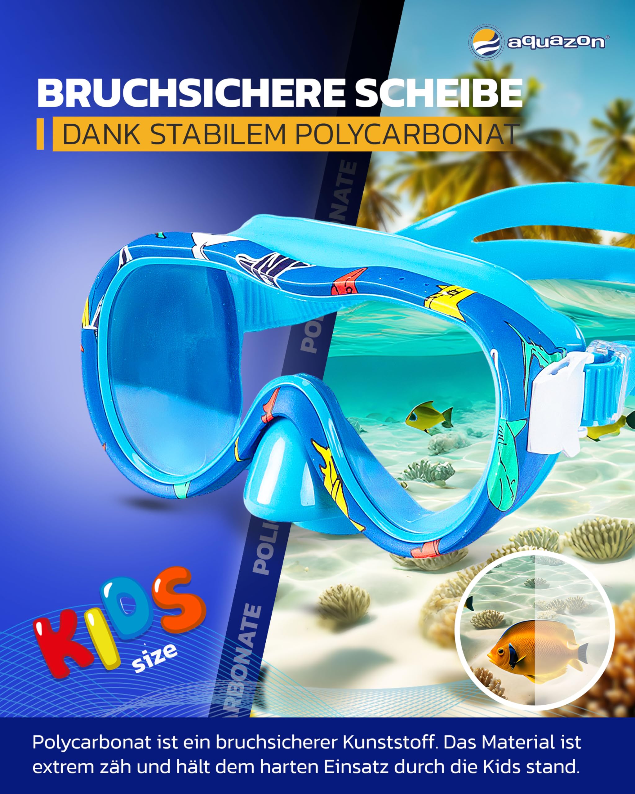 AQUAZON Kids wasserdichte Junior Kinder Schnorchelbrille, Taucherbrille, Schwimmbrille, von 3-7 Jahren, sehr robust