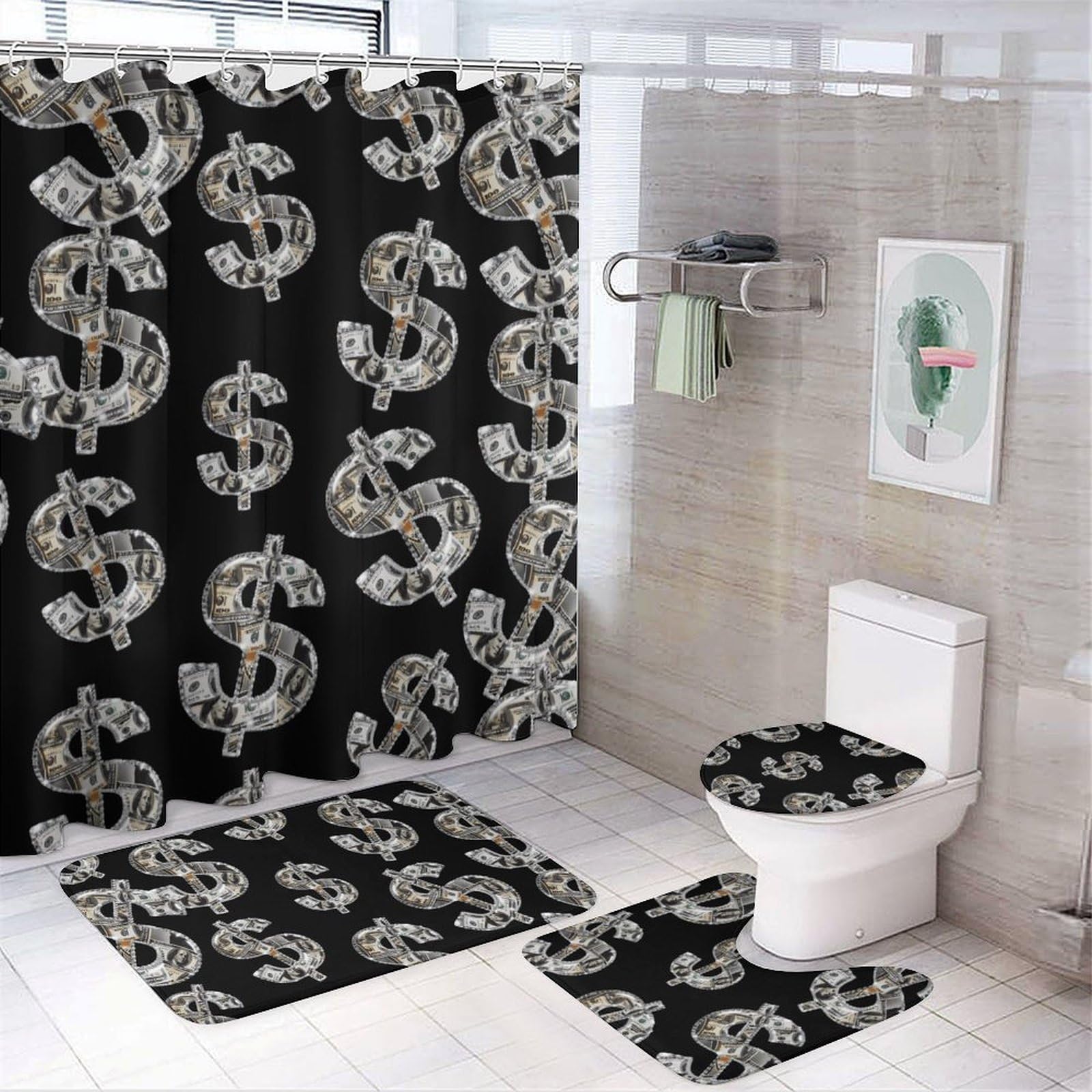 CGSBNGHA U.S. Dollar Sign Diamond Shower Curtain Set 4 Piece Bathroom Sets with Rugs Toilet Lid Cover And U-Shaped Floor Mat