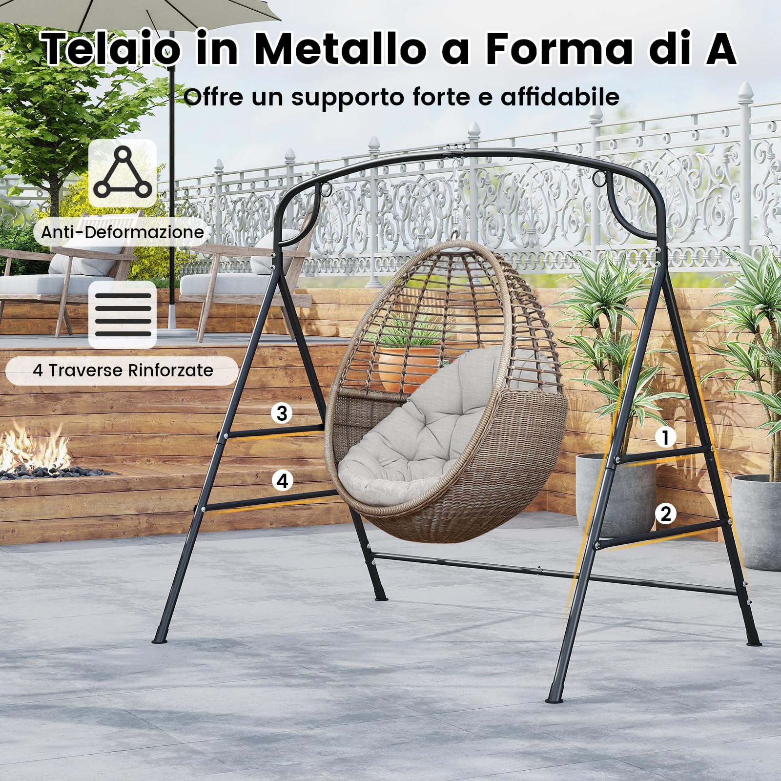 COSTWAY Supporto per Altalena in Metallo, Struttura per Altalena con Doppie Barre Laterali e Design a 2 Anelli, Struttura a Forma di A, Portata 300 kg (Con anello centrale)