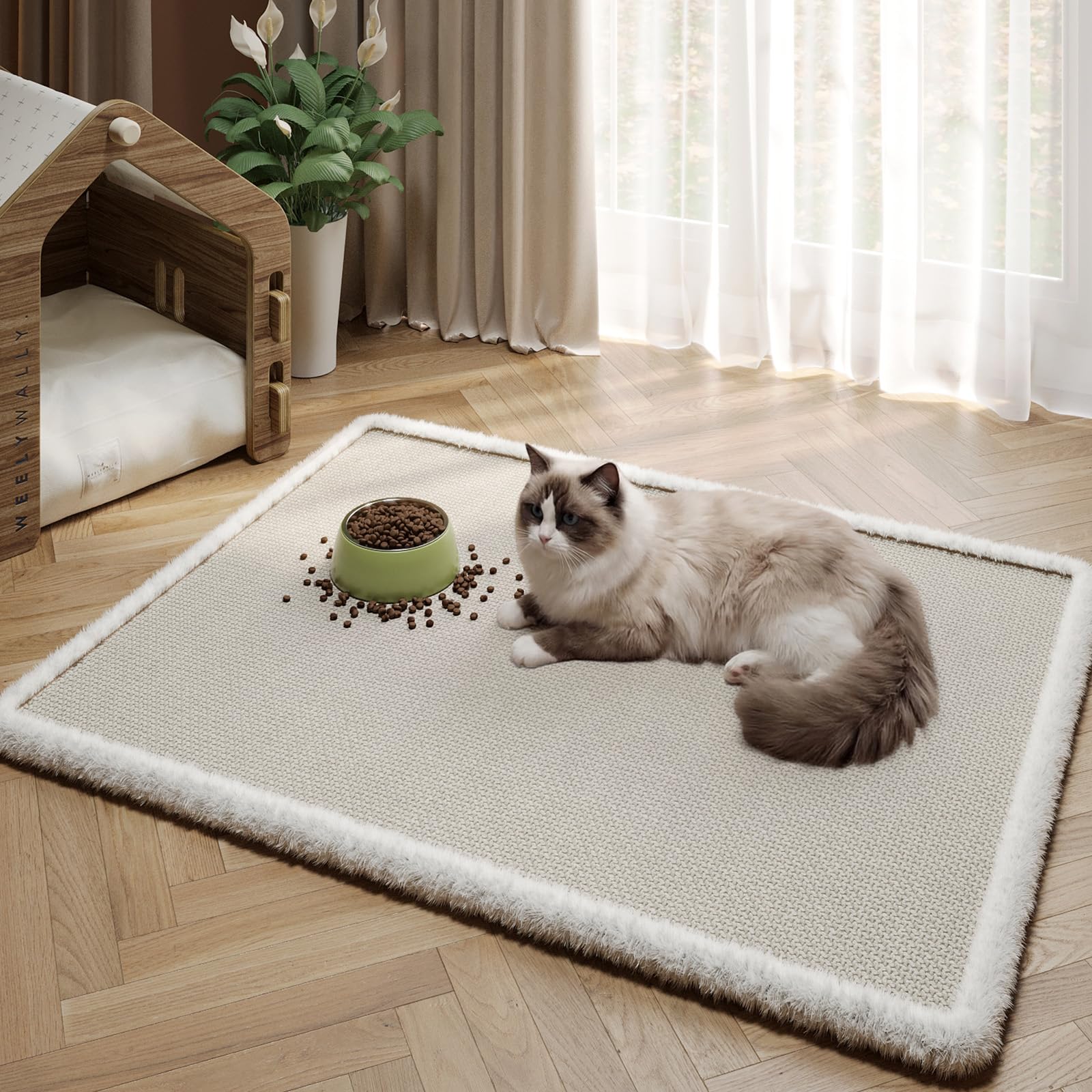 Muecleao Pet Feeding Mat with Plush Edging, Ultra-Soft High-Density Woven Mat, Waterproof & Non-Slip Dog Cat Dining Pad, Easy to Clean Floor Protector for Food Bowls (Off White 80x50 cm Rectangular)