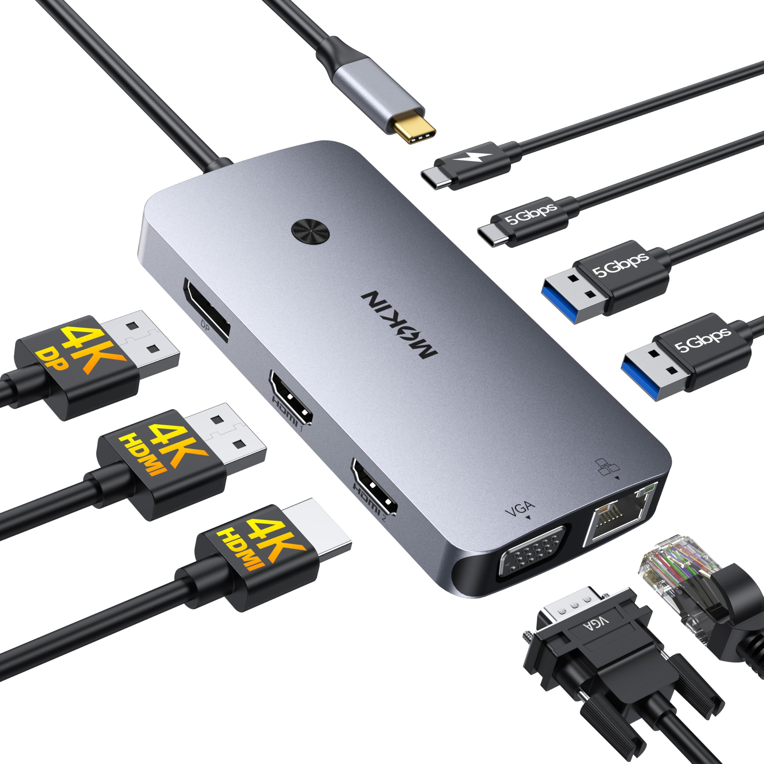 MOKiN Station d'accueil USB C Triple Écran 9 en 1 Dock USB C Double HDMI 4K DisplayPort VGA PD 100W Ethernet Gigabit USB A/C 3.0