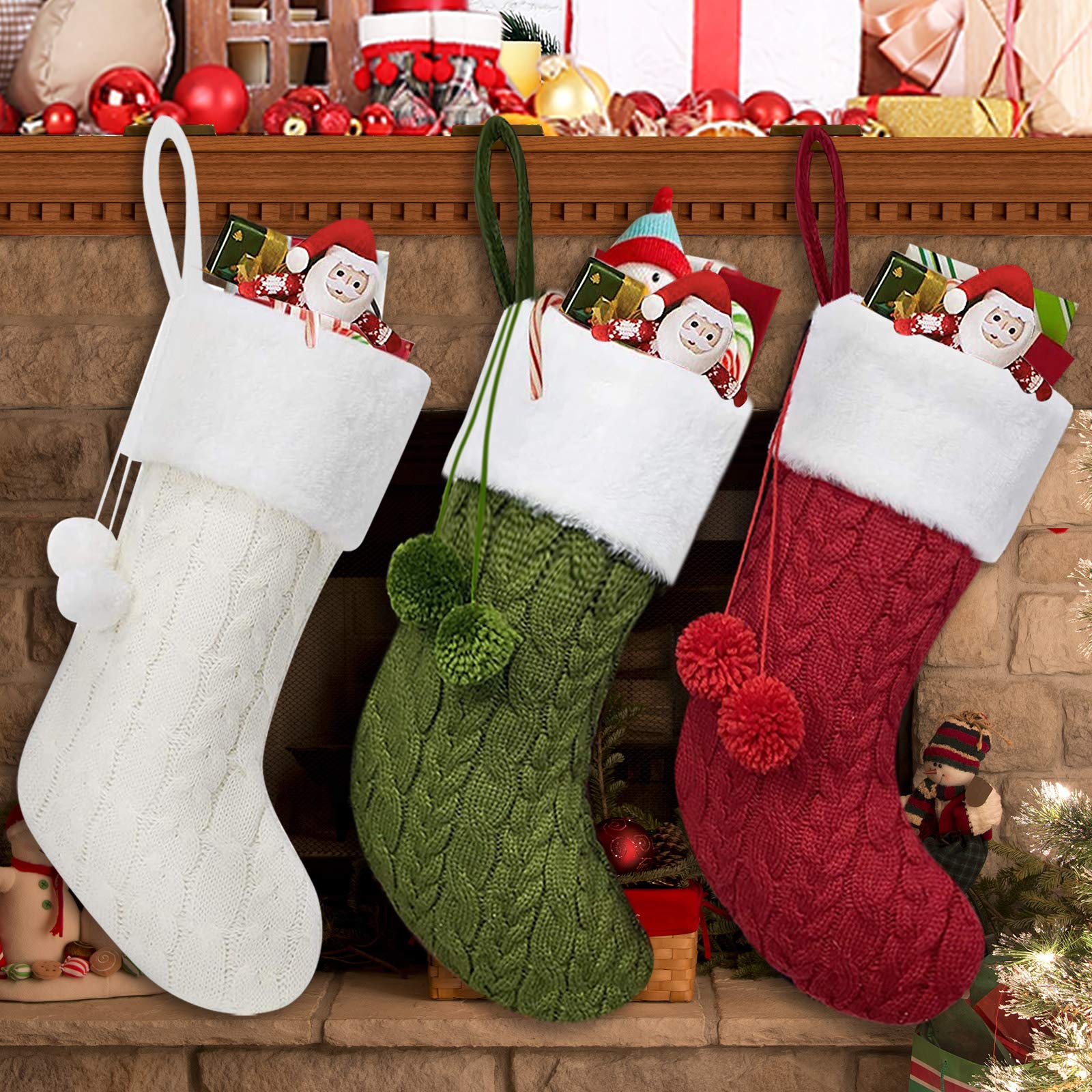 M-T-K Christmas Stockings,3 Pcs Classic Knit Christmas Stockings 16" Xmas Stocking for Family Holiday Decorations Hanging,White, Burgundy and Green
